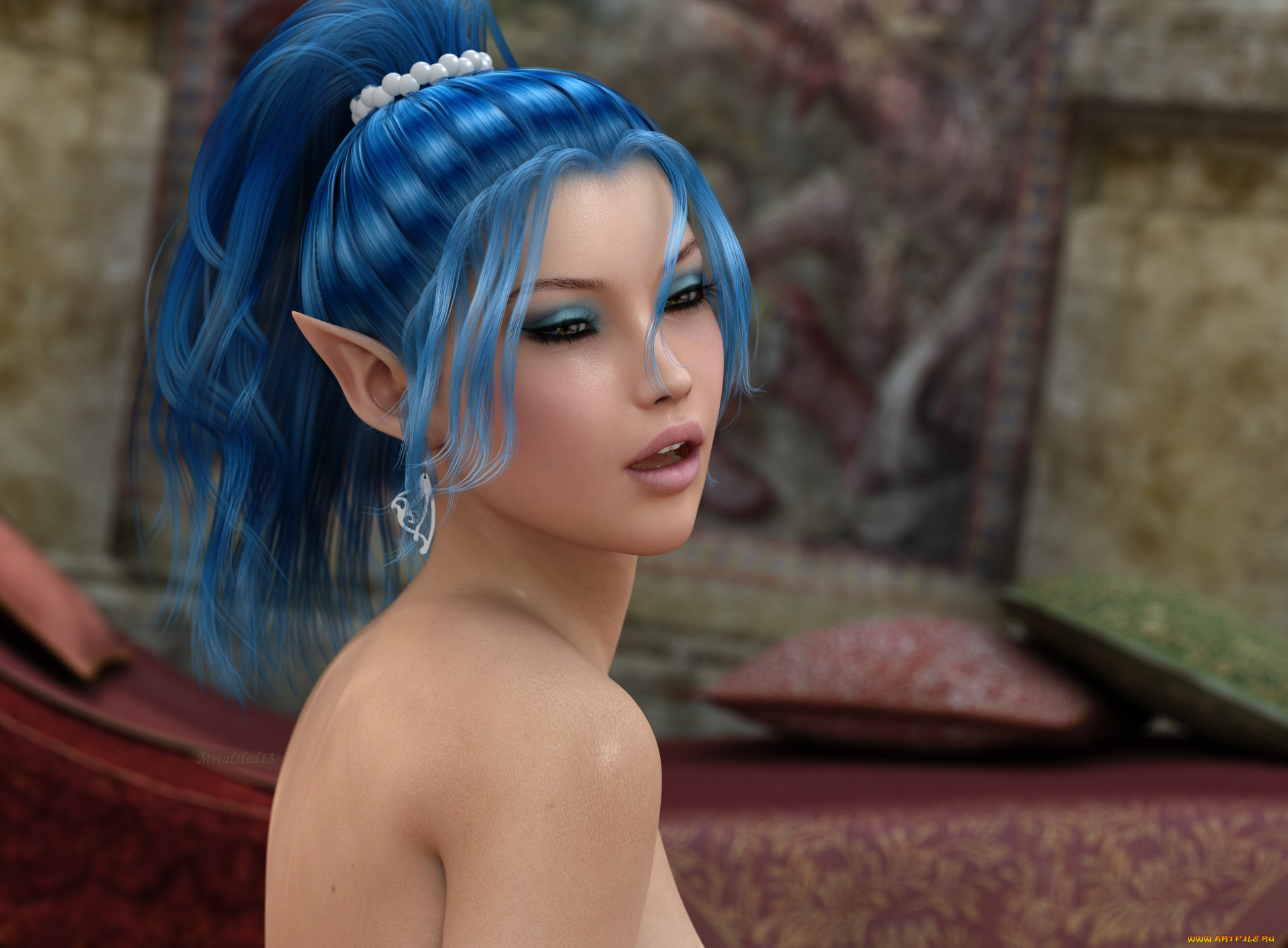 3д, графика, эльфы, , elves, эльфийка, взгляд, фон, грудь