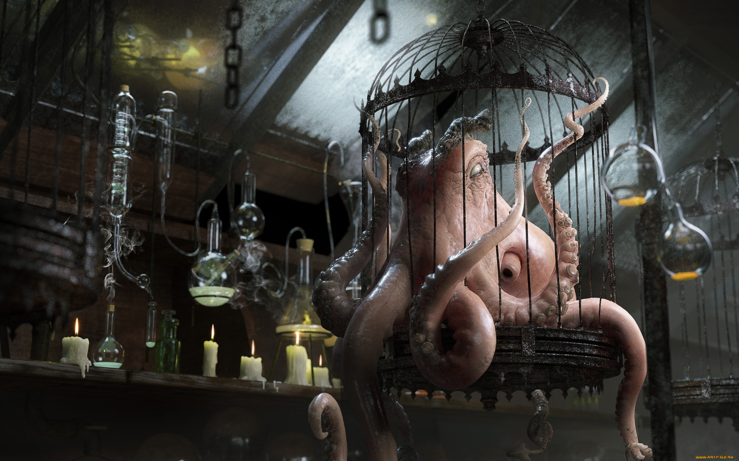 фэнтези, существа, осьминог, графика, плен, существо, клетка