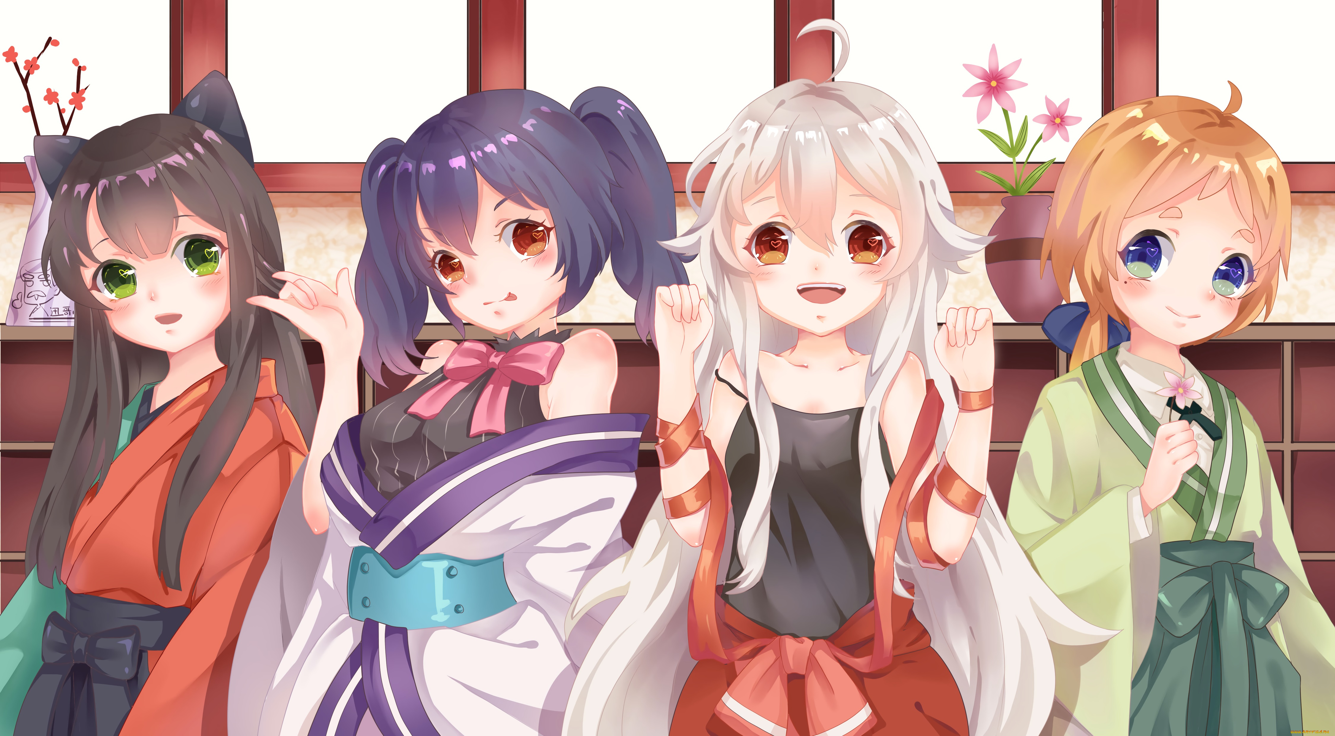 аниме, urara, meirochou, фон, взгляд, девушки