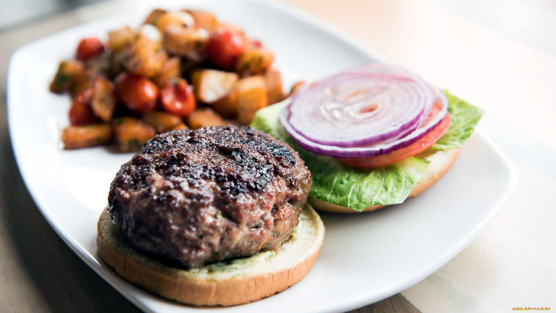 еда, мясные, блюда, булочка, лук, котлета