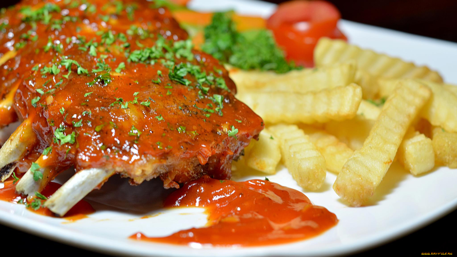 еда, мясные, блюда, фри, соус, ребрышки, картофель