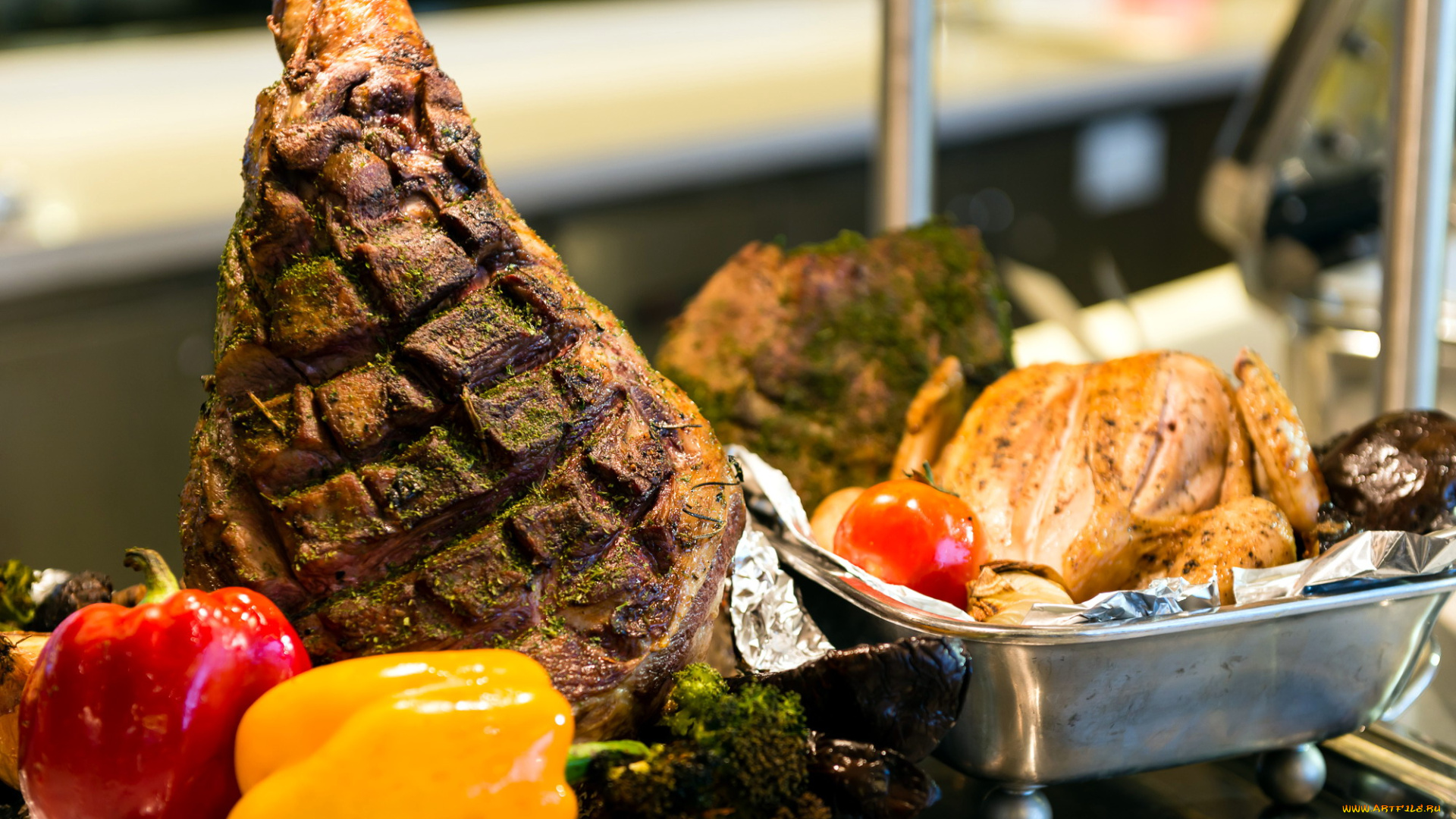еда, мясные, блюда, окорок, перец, курица