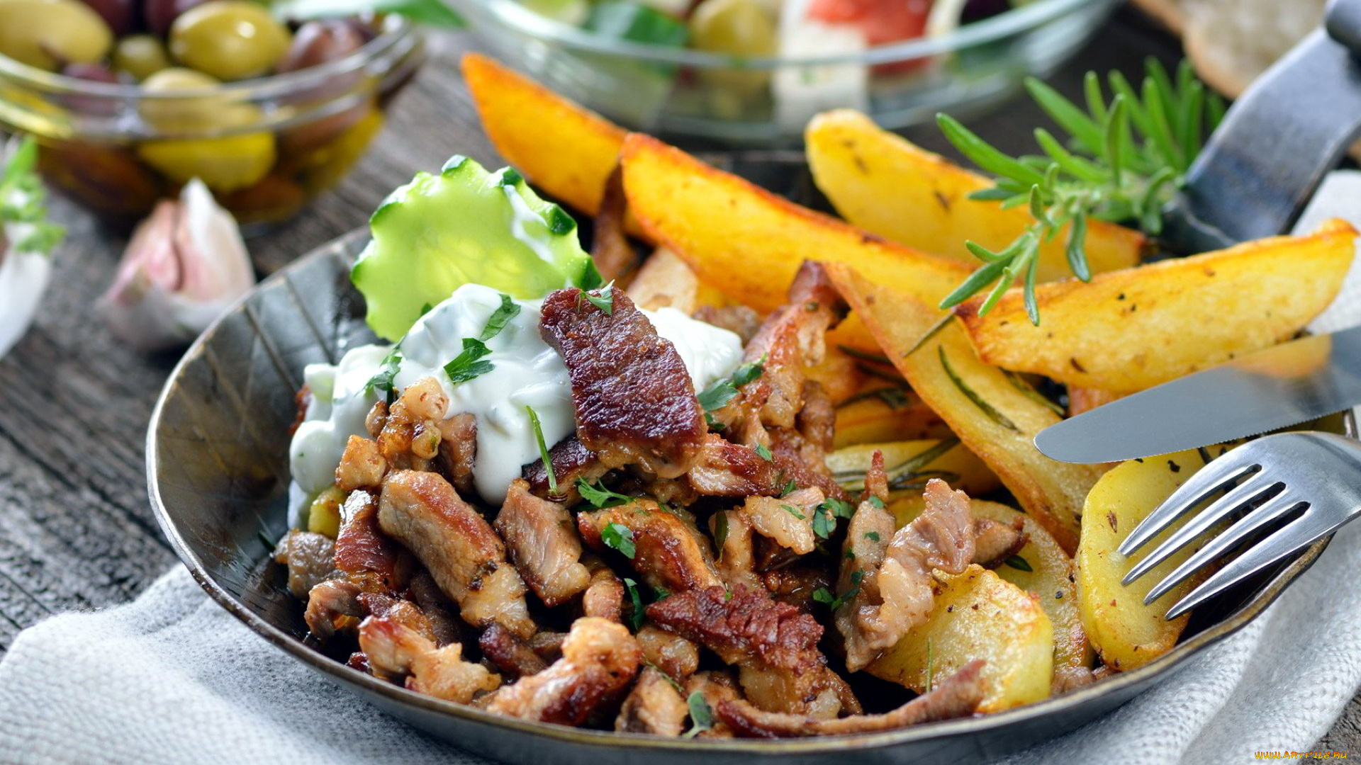 еда, мясные, блюда, оливки, картофель, мясо