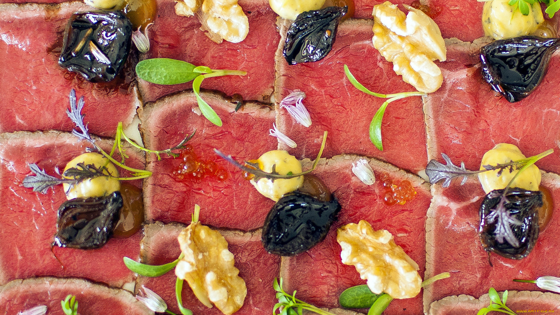 еда, мясные, блюда, орехи, мясо, ломтики