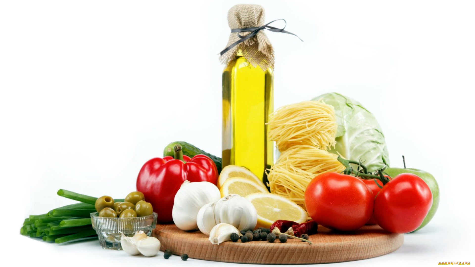 еда, разное, капуста, помидоры, масло, оливки, чеснок, макароны, томаты