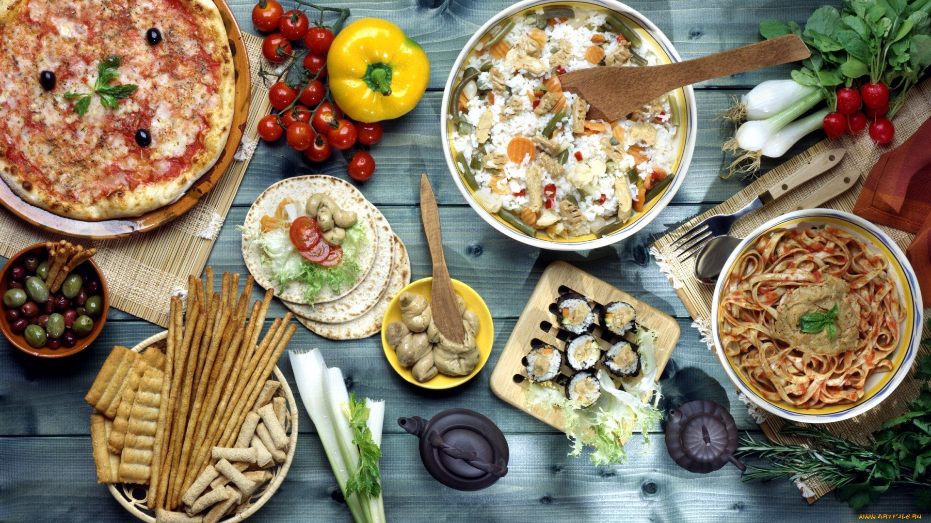 еда, разное, оливки, пицца, лепешки, макароны