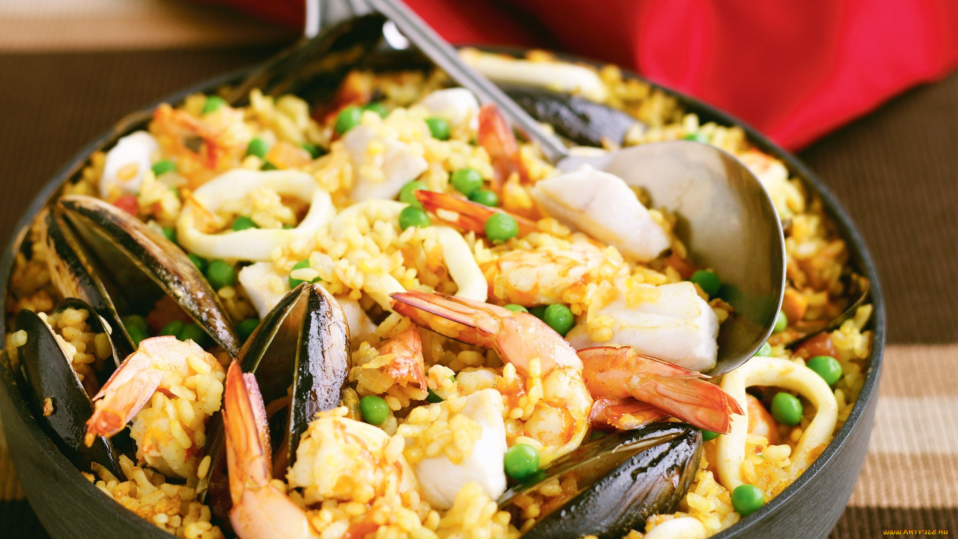 еда, рыбные, блюда, , с, морепродуктами, кальмар, рис, креветки, мидии