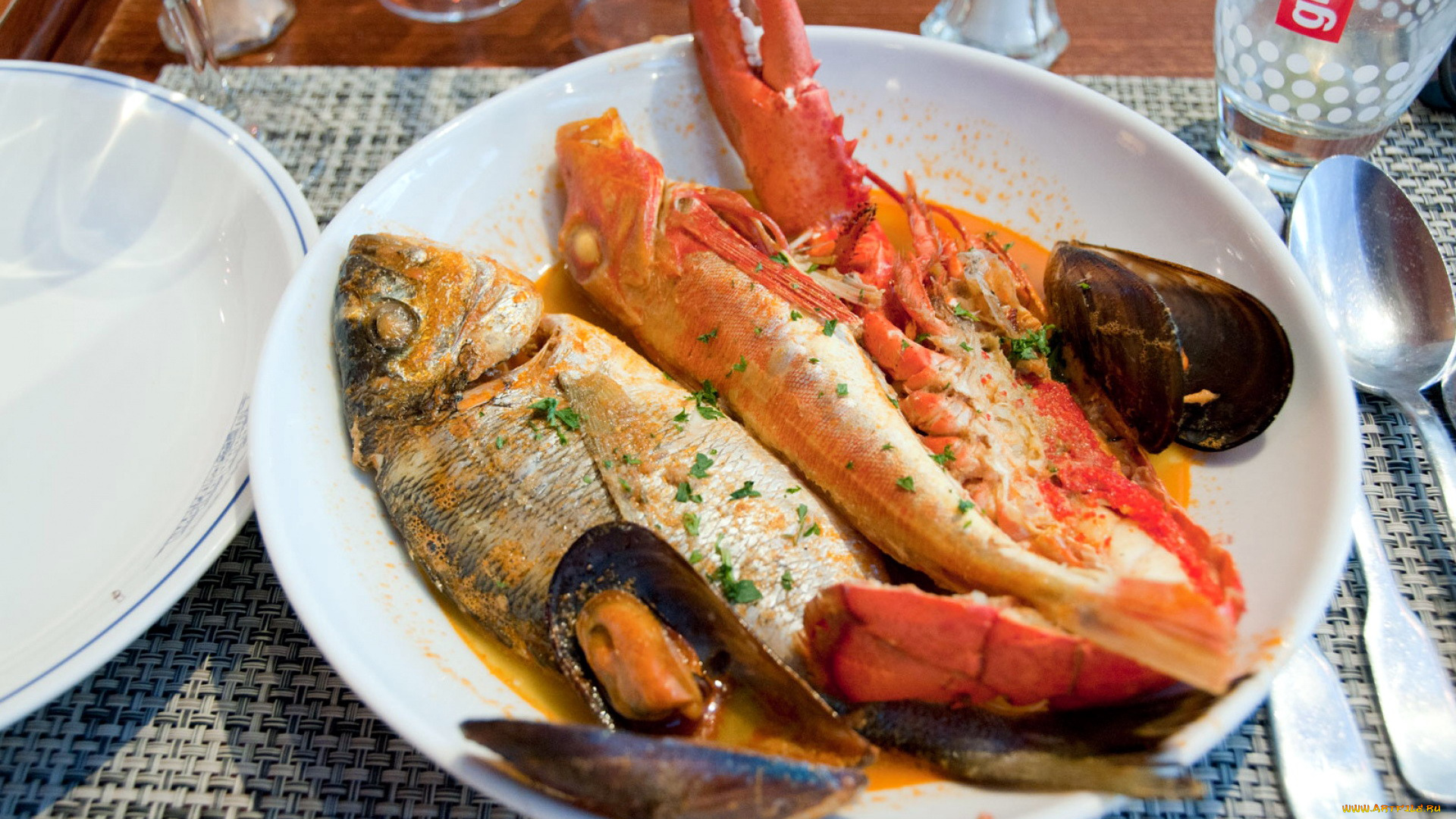 еда, рыбные, блюда, , с, морепродуктами, краб, мидии, рыба