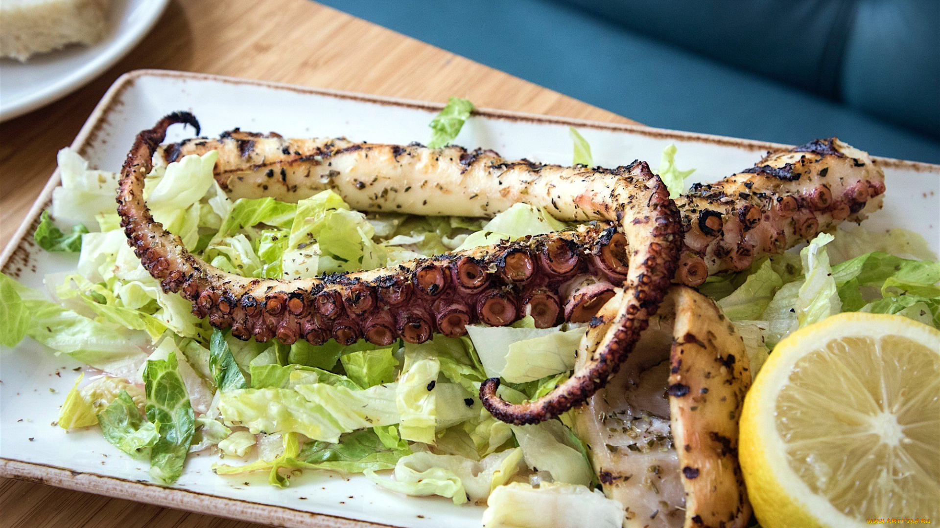 еда, рыбные, блюда, , с, морепродуктами, осьминог, лимон, щупальца