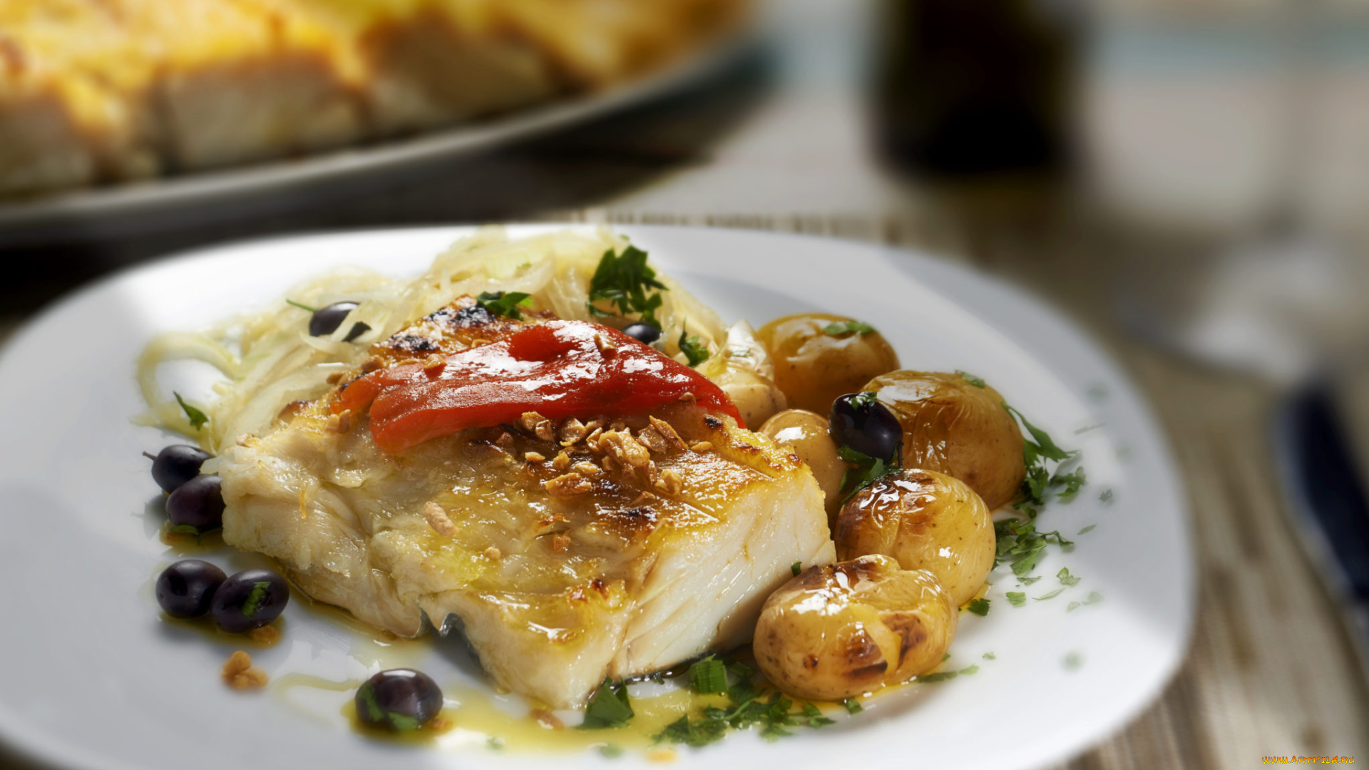 еда, рыбные, блюда, , с, морепродуктами, рыба, перец, картофель