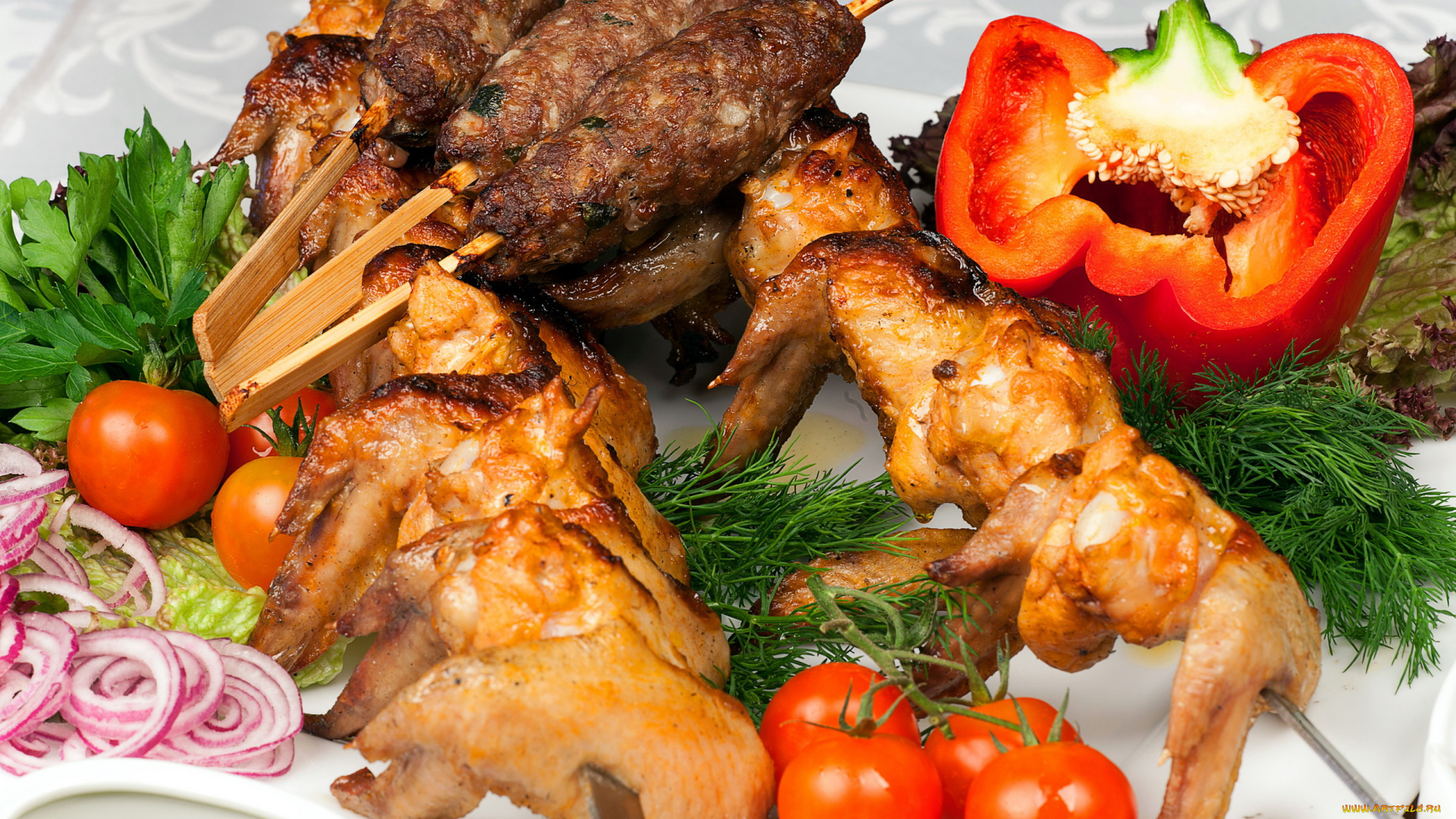 еда, шашлык, , барбекю, укроп, помидоры, перец, крылья, куриные, кебаб, томаты