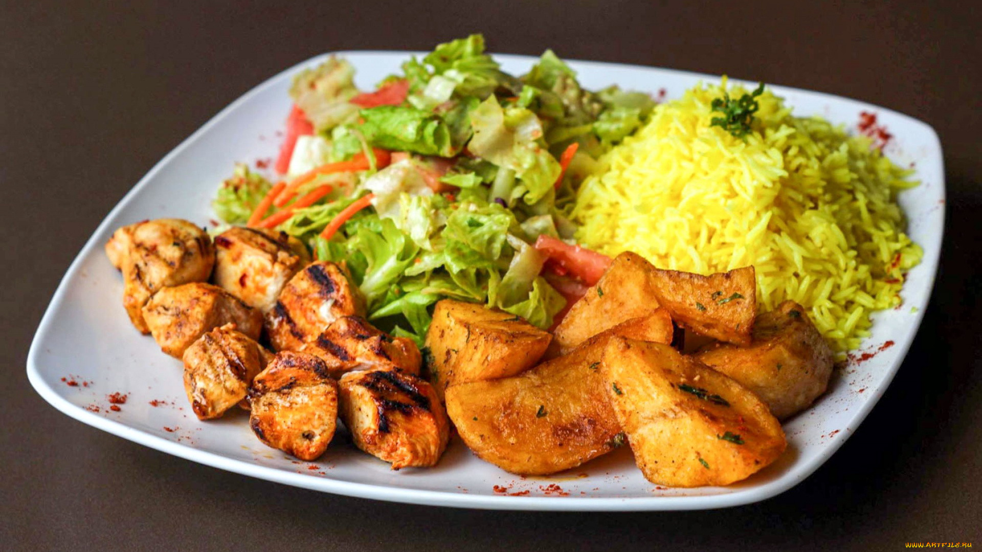 еда, вторые, блюда, картофель, рис, салат