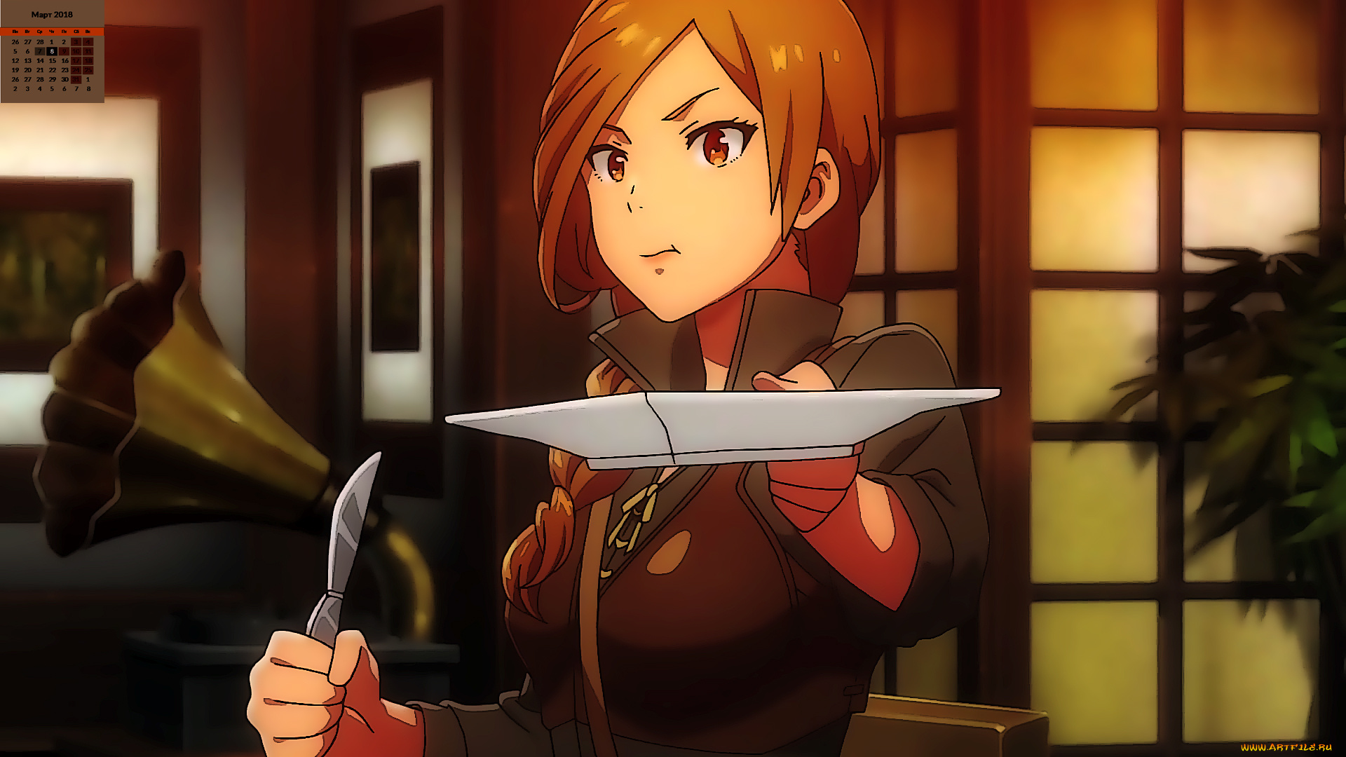 календари, аниме, взгляд, 2018, тарелка, нож, девушка