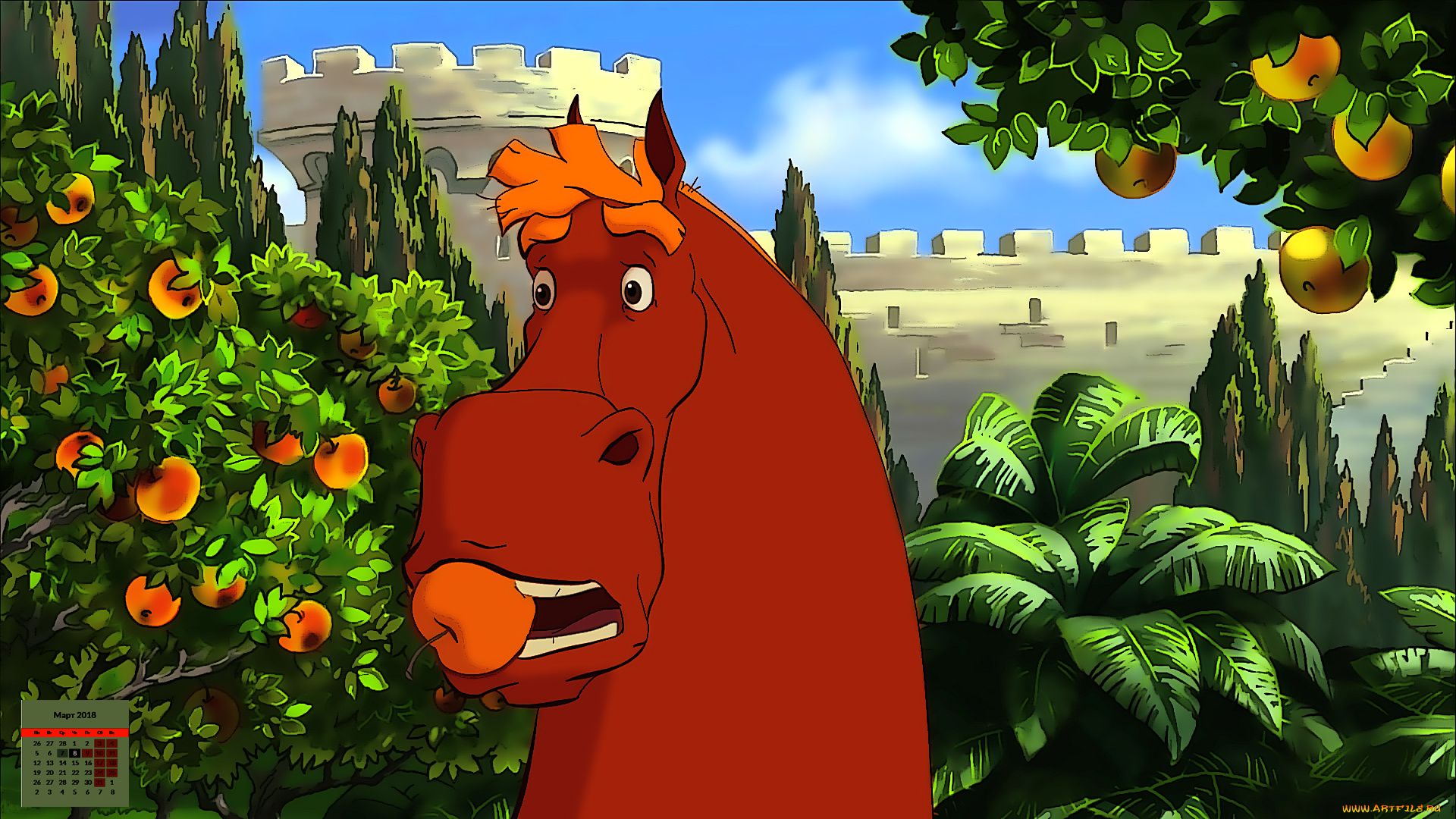 календари, кино, , мультфильмы, конь, яблоко, морда, 2018, взгляд