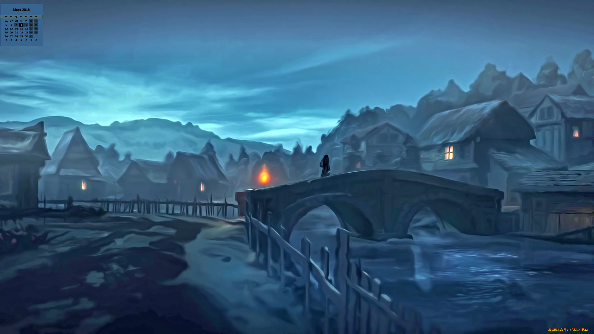 календари, рисованные, , векторная, графика, мост, 2018, дом, водоем