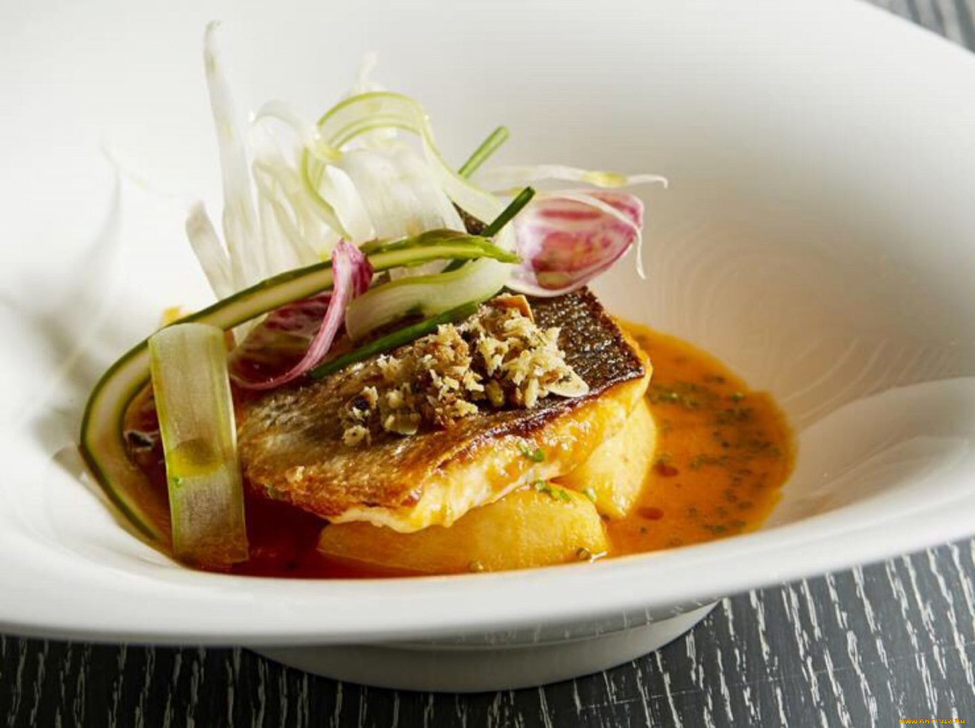 еда, рыбные, блюда, , с, морепродуктами, картофель, соус, рыба