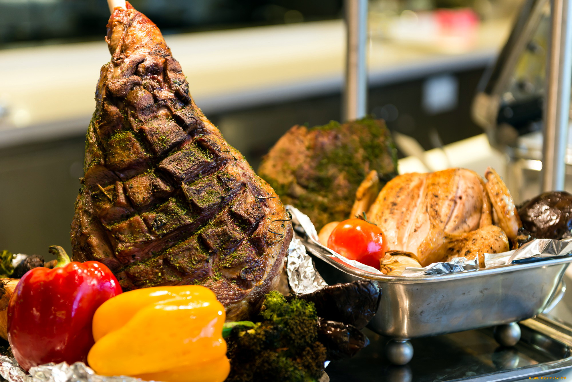 еда, мясные, блюда, окорок, перец, курица