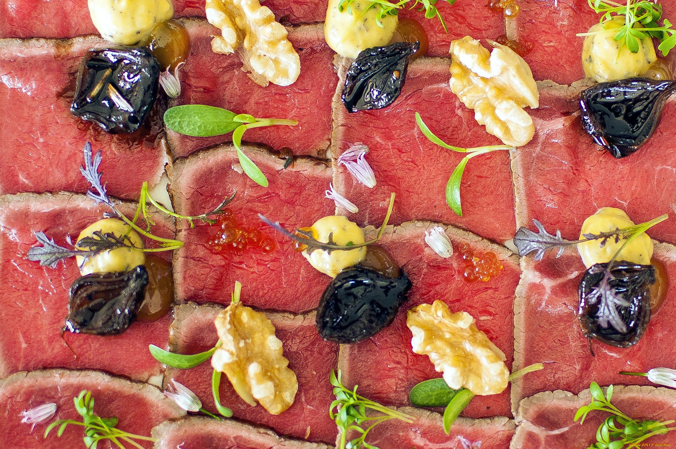 еда, мясные, блюда, орехи, мясо, ломтики