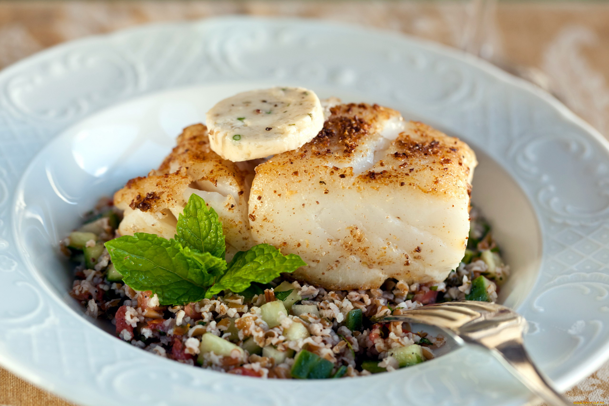 еда, рыбные, блюда, , с, морепродуктами, мята, рыба, овощи