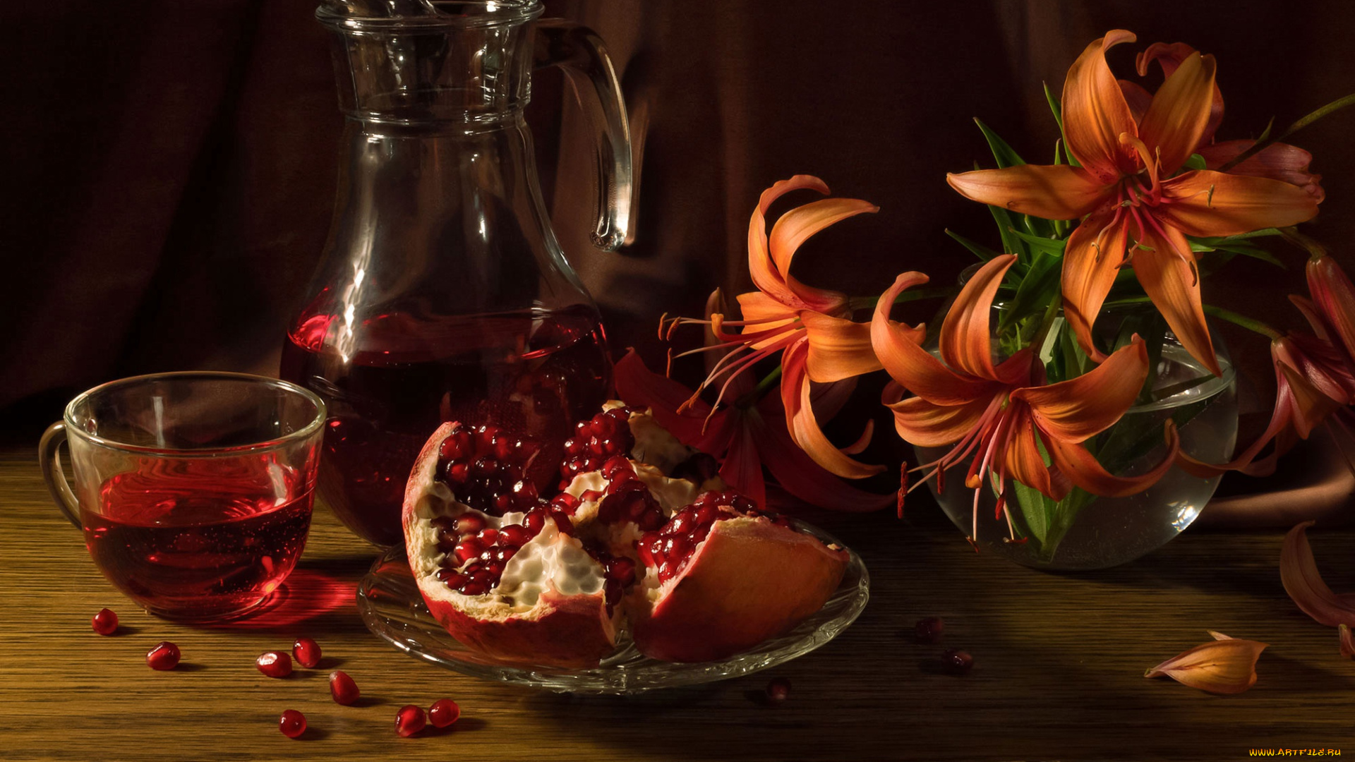 еда, натюрморт, сок, кружка, лилии, цветы, кувшин, чашка