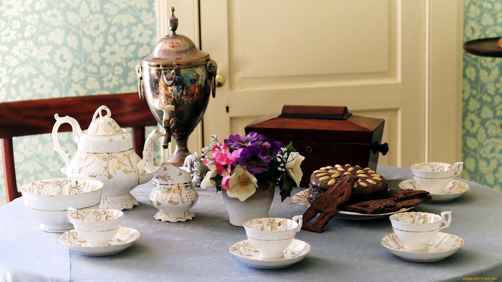 еда, сервировка, торт, самовар