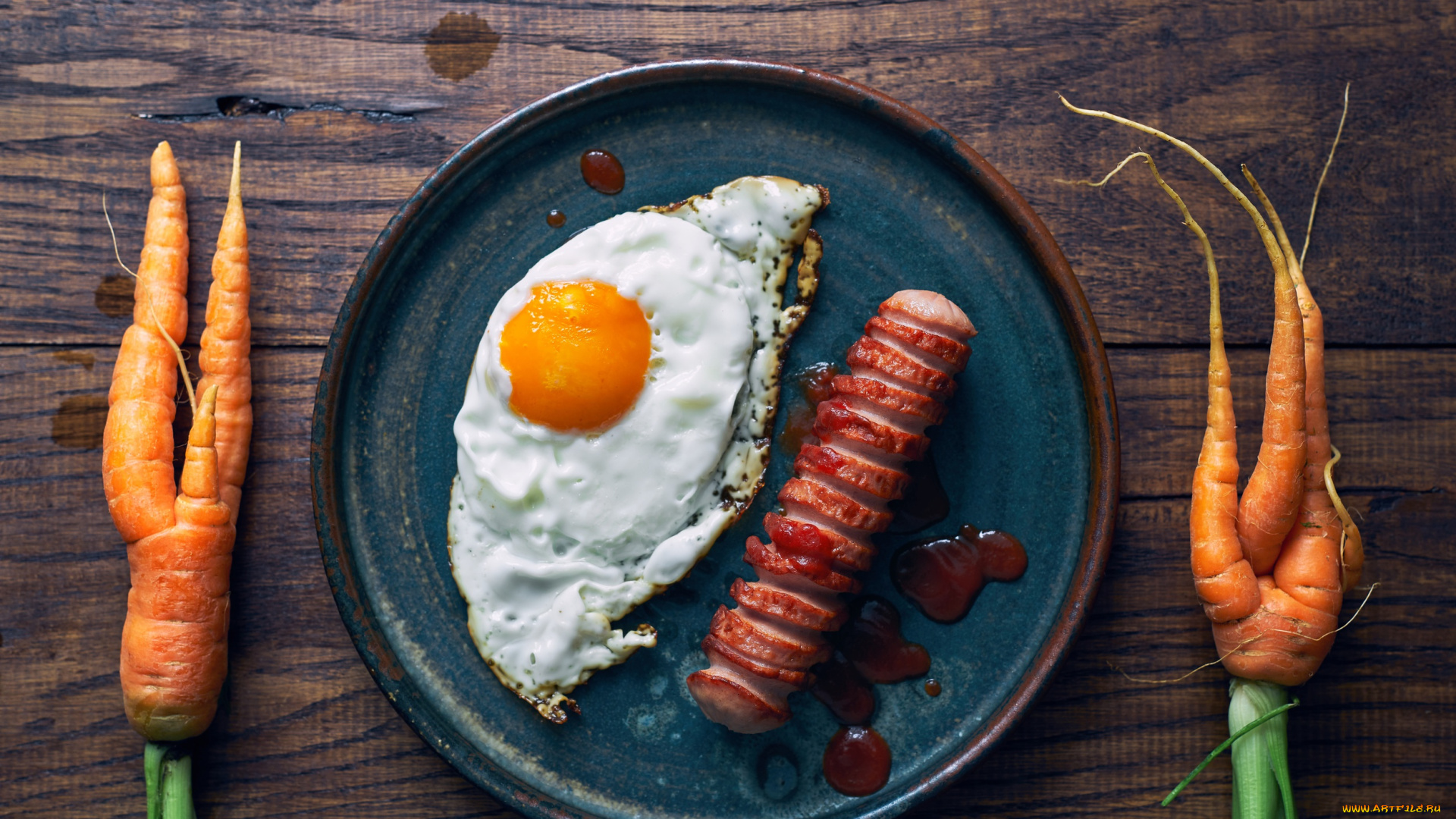 еда, Яичные, блюда, глазунья, сосиска, морковь