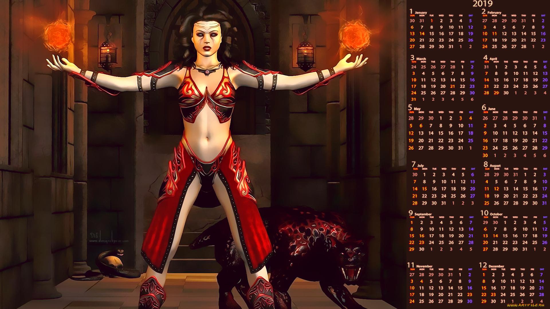 календари, фэнтези, животное, девушка, магия