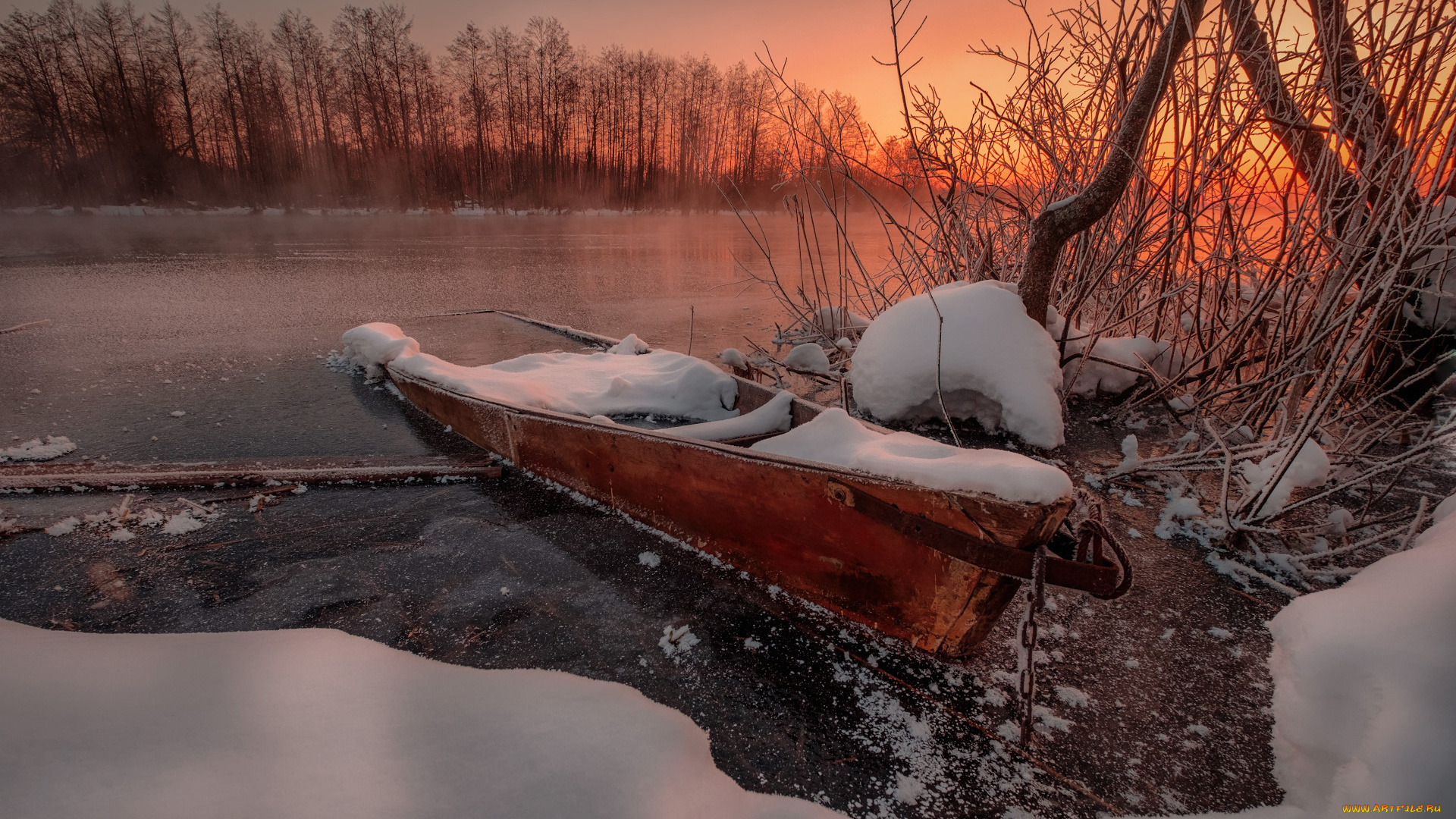корабли, лодки, , шлюпки, река, снег, зима