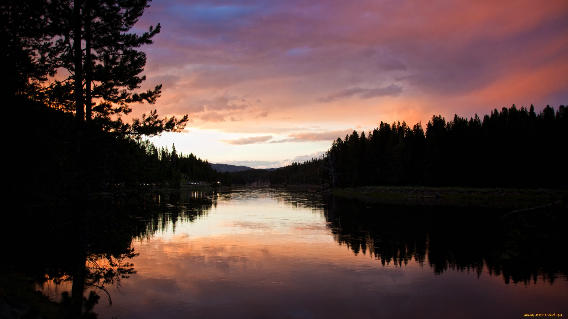 природа, реки, озера, лес, небо, закат, река