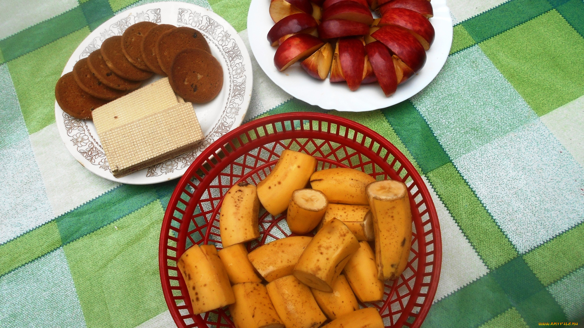 еда, бананы, печенье, вафли, яблоки