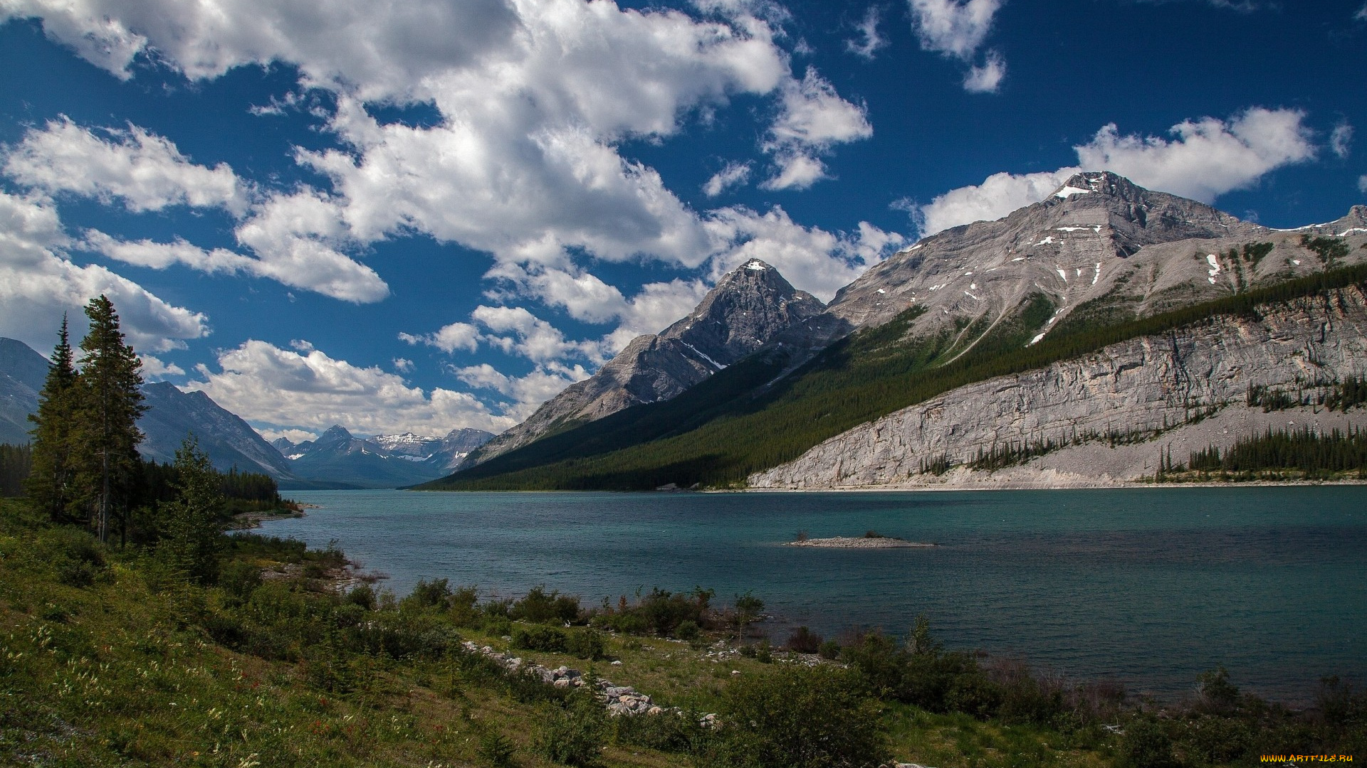 природа, реки, озера, горы, облака, небо, река, луга, деревья