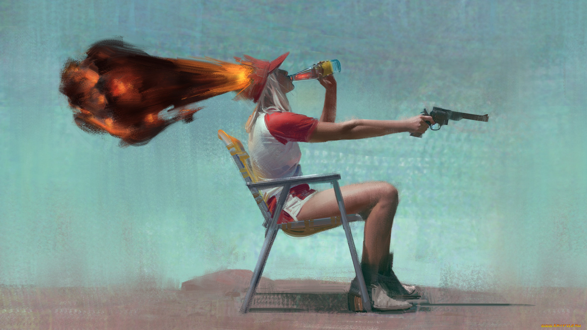 рисованное, люди, стул, пистолет, бутылка, выстрел, девушка