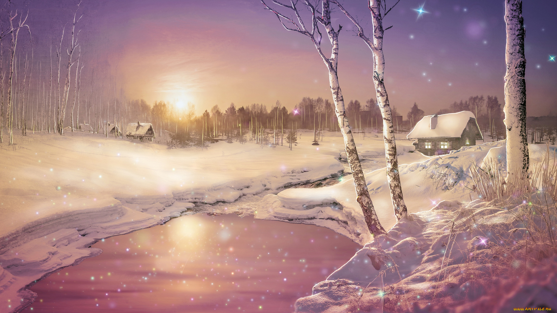 рисованное, живопись, снег, дом, береза, заводь, фон, зима