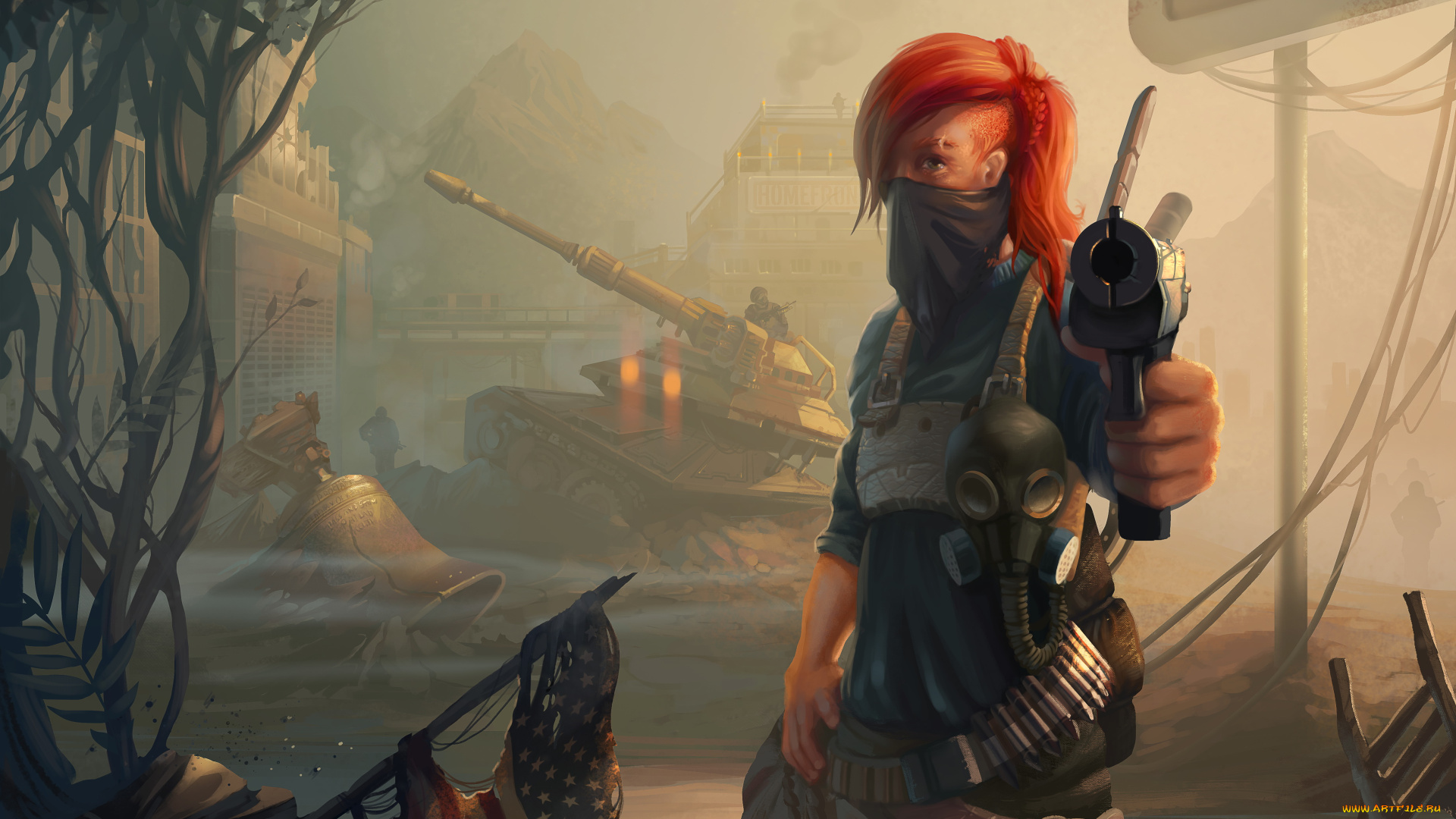 видео, игры, homefront, девушка, пистолет, маска, взгляд, фон