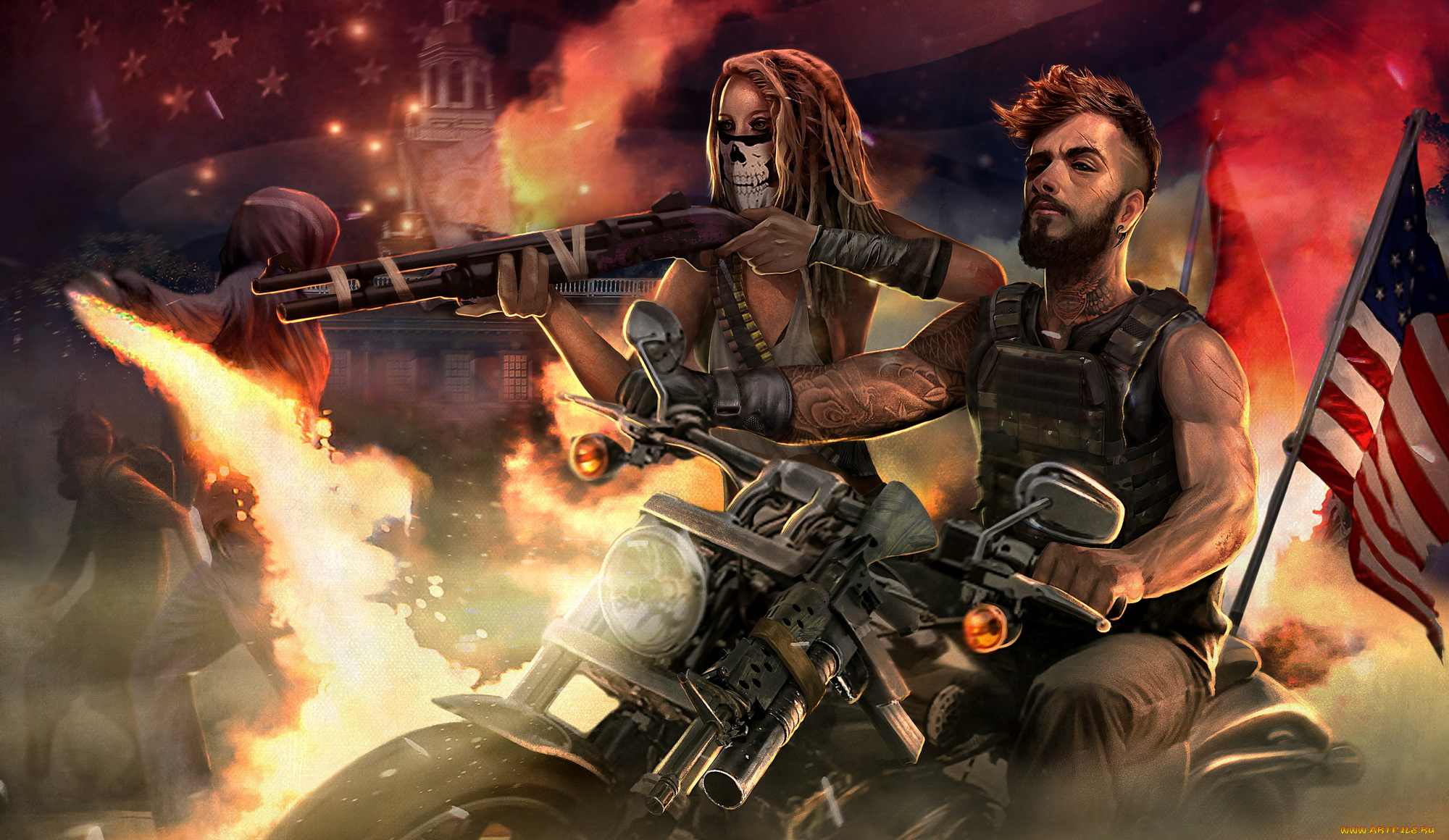 видео, игры, homefront, , the, revolution, винчестер, мотоцикл, фон, мужчина, девушка