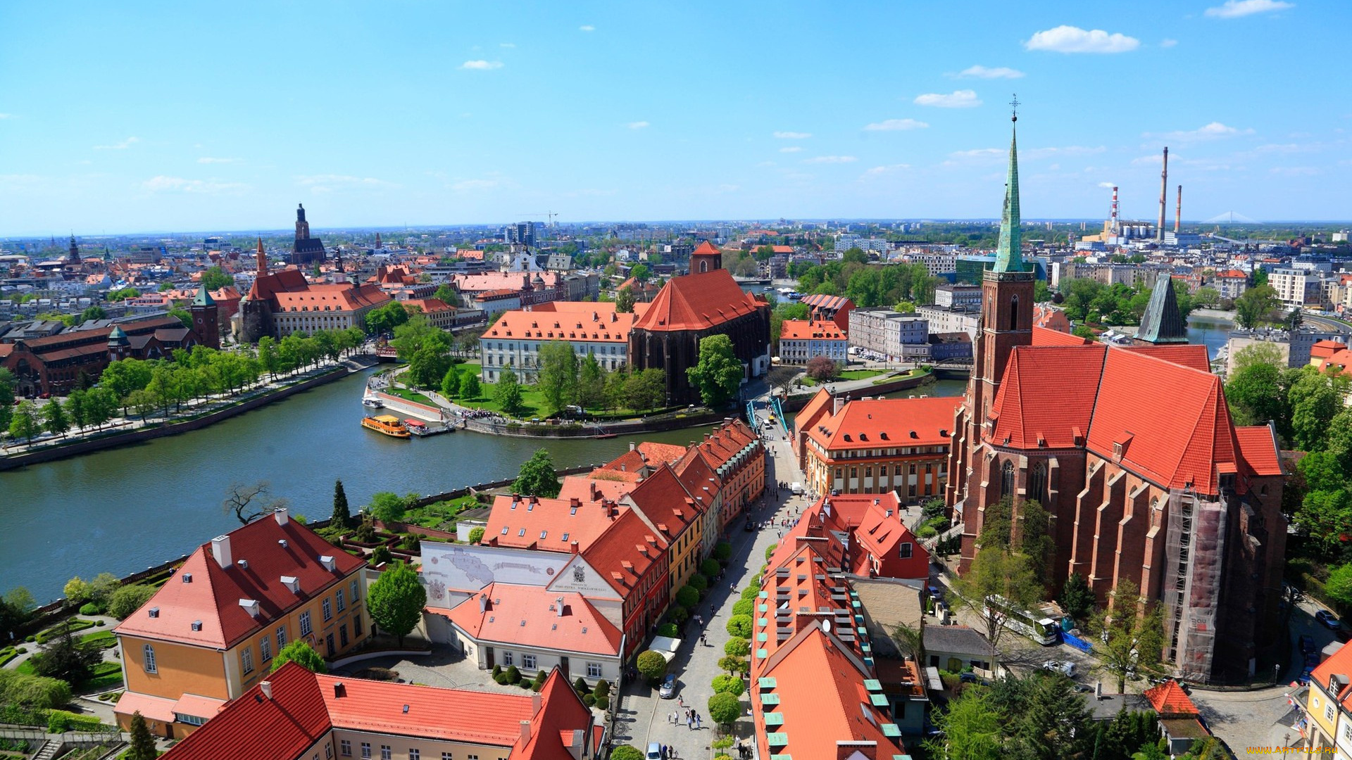 города, -, панорамы, собор, римско-католический, достопримечательности, городской, вид, панорама, вроцлав, польша