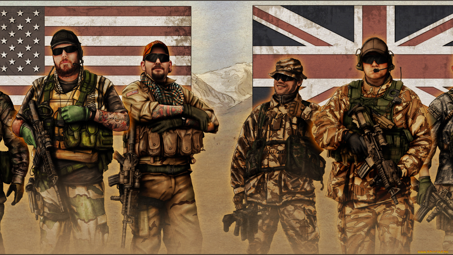 рисованное, армия, мужчины, фон, форма, оружие, флаг