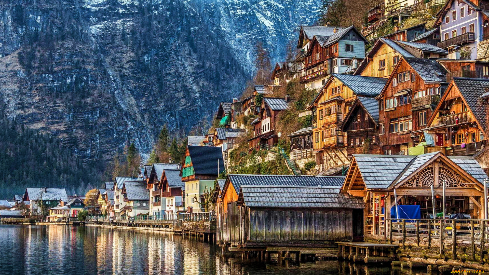 города, гальштат, , австрия, горы, озеро, здания