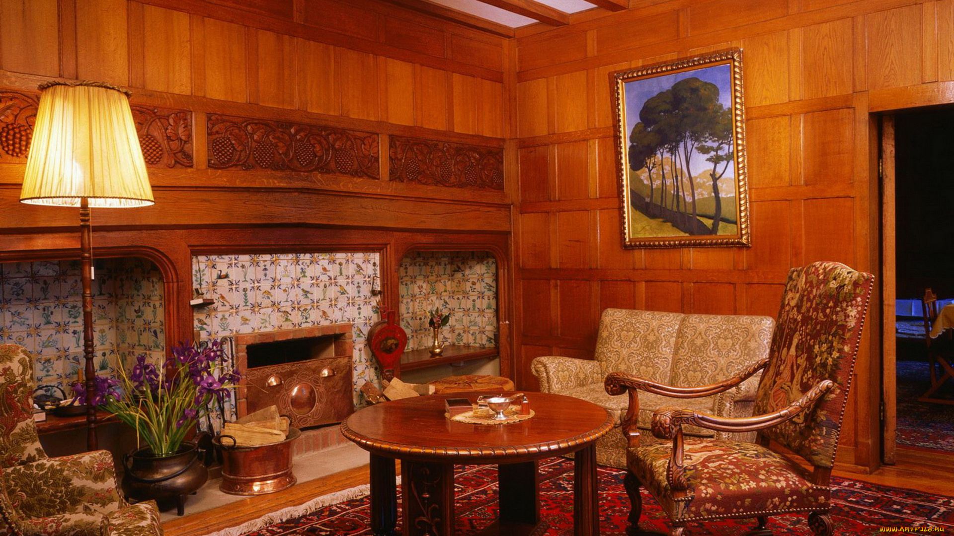 интерьер, гостиная, картина, ковер, кресла, торшер