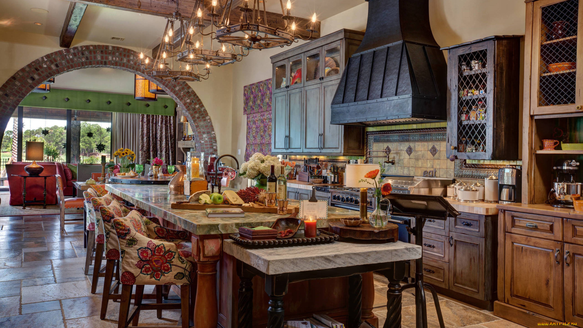 интерьер, кухня, плита, вытяжка, шкафы, люстры