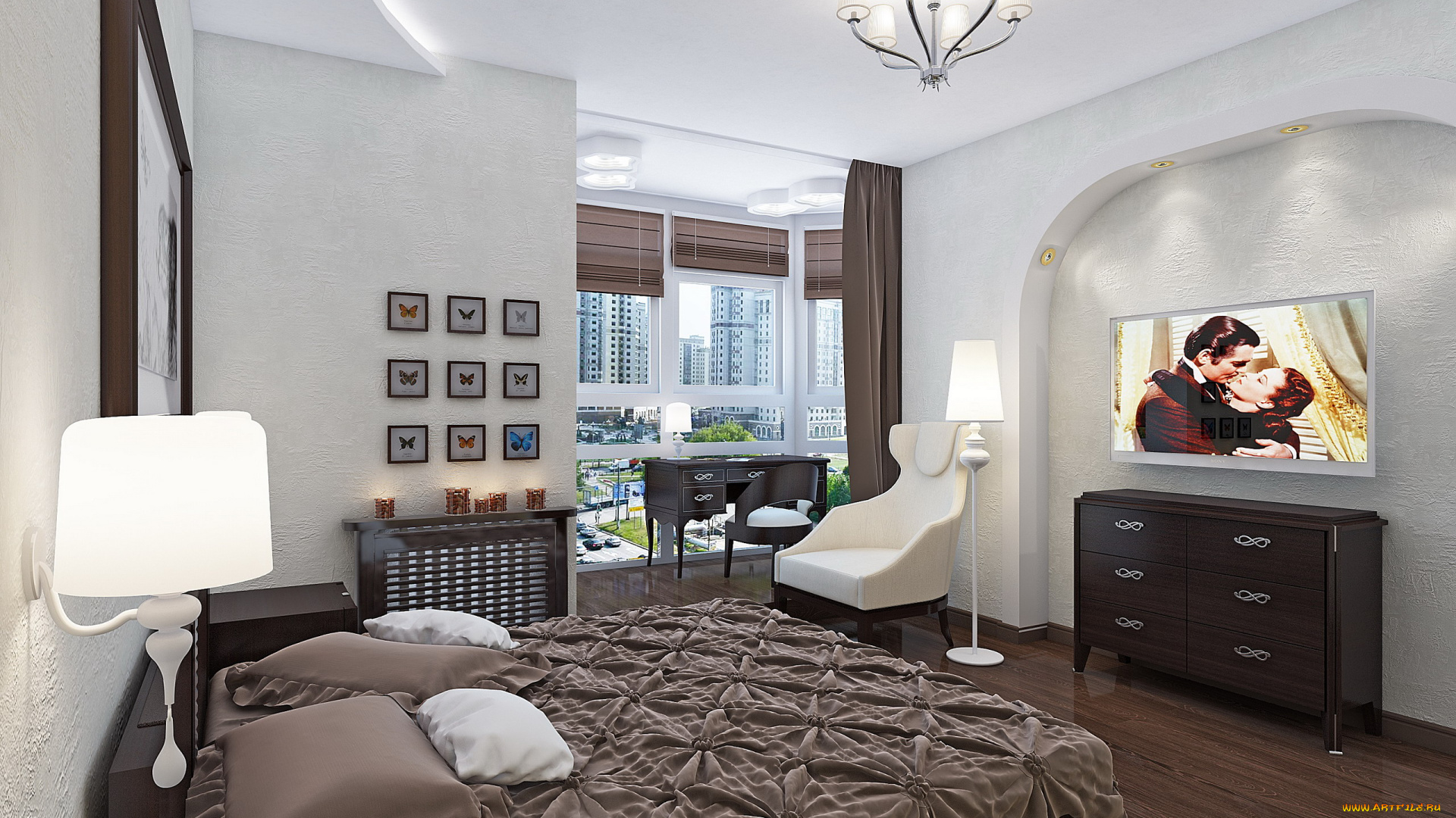 интерьер, спальня, кровать, телевизор