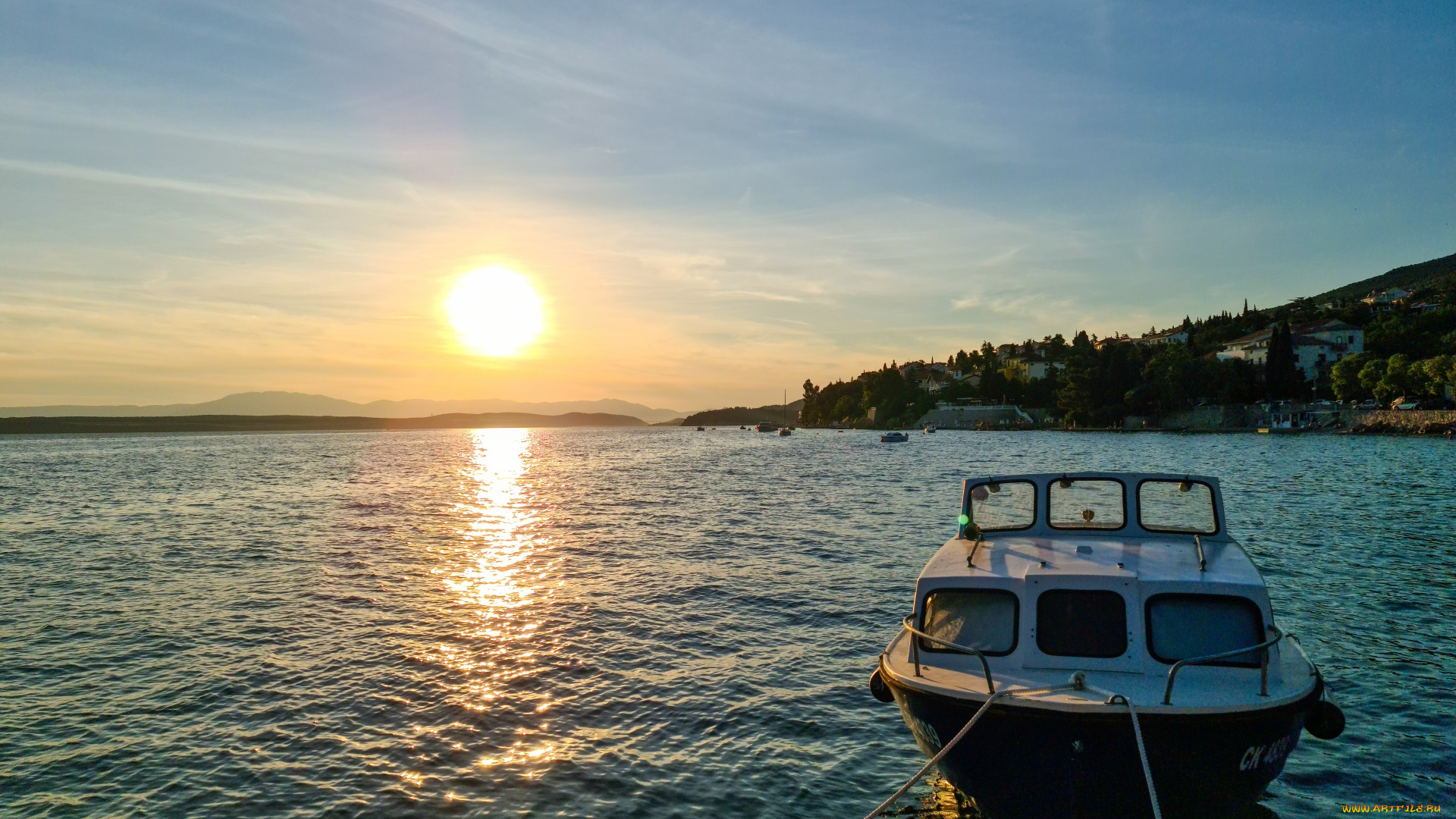 корабли, катера, залив, катер, закат