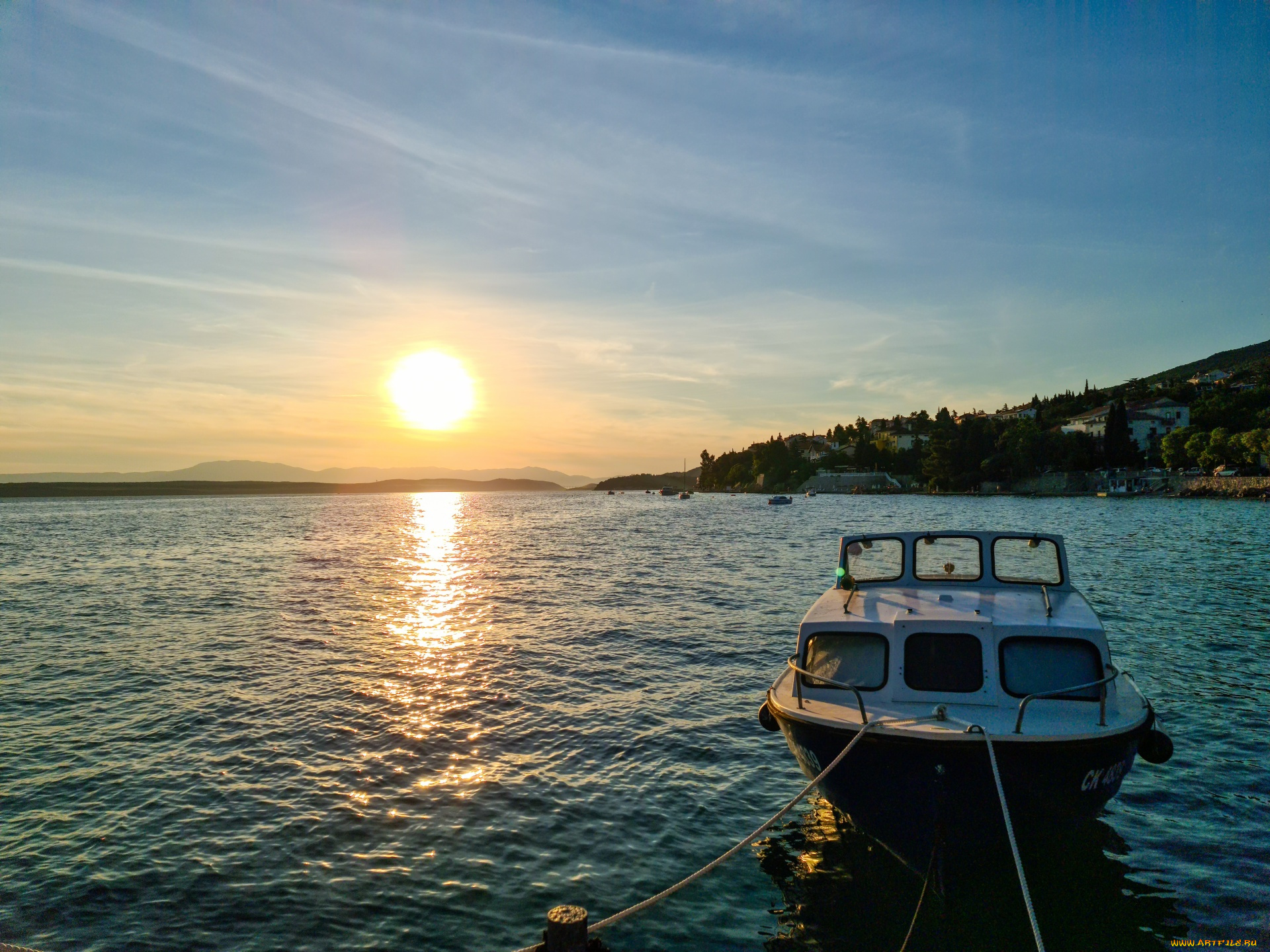 корабли, катера, залив, катер, закат