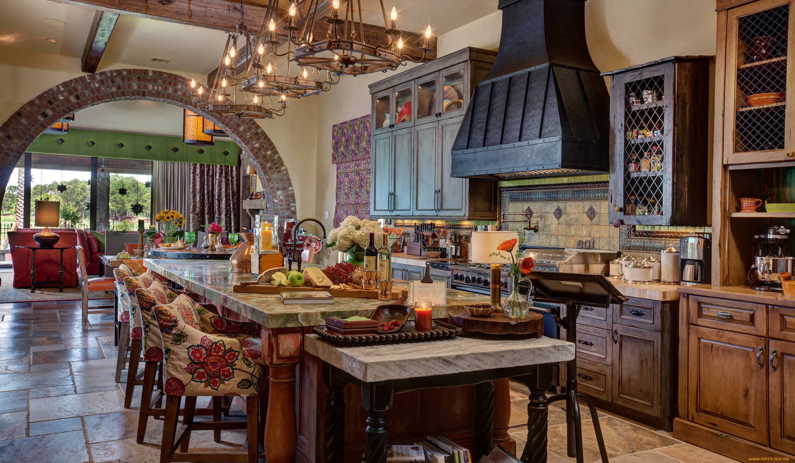 интерьер, кухня, плита, вытяжка, шкафы, люстры