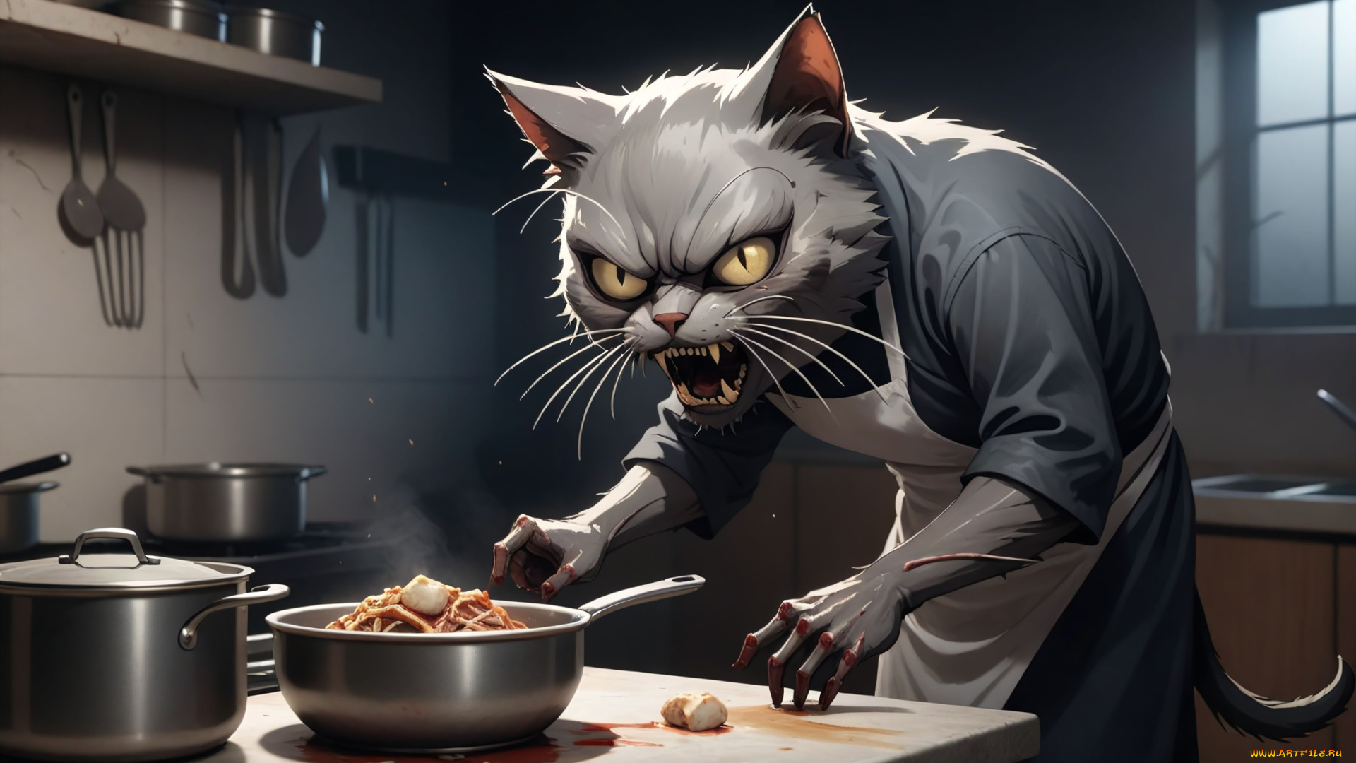 фэнтези, существа, нейросети, графика, нейроарт, ai, art, нейронные, сети, рисунки, нейро, искусство, нейрографика, graphics, neuroart, neural, networks, drawings, neuro, neurography, ужасный, кот, готовит, еду, кухня, повар