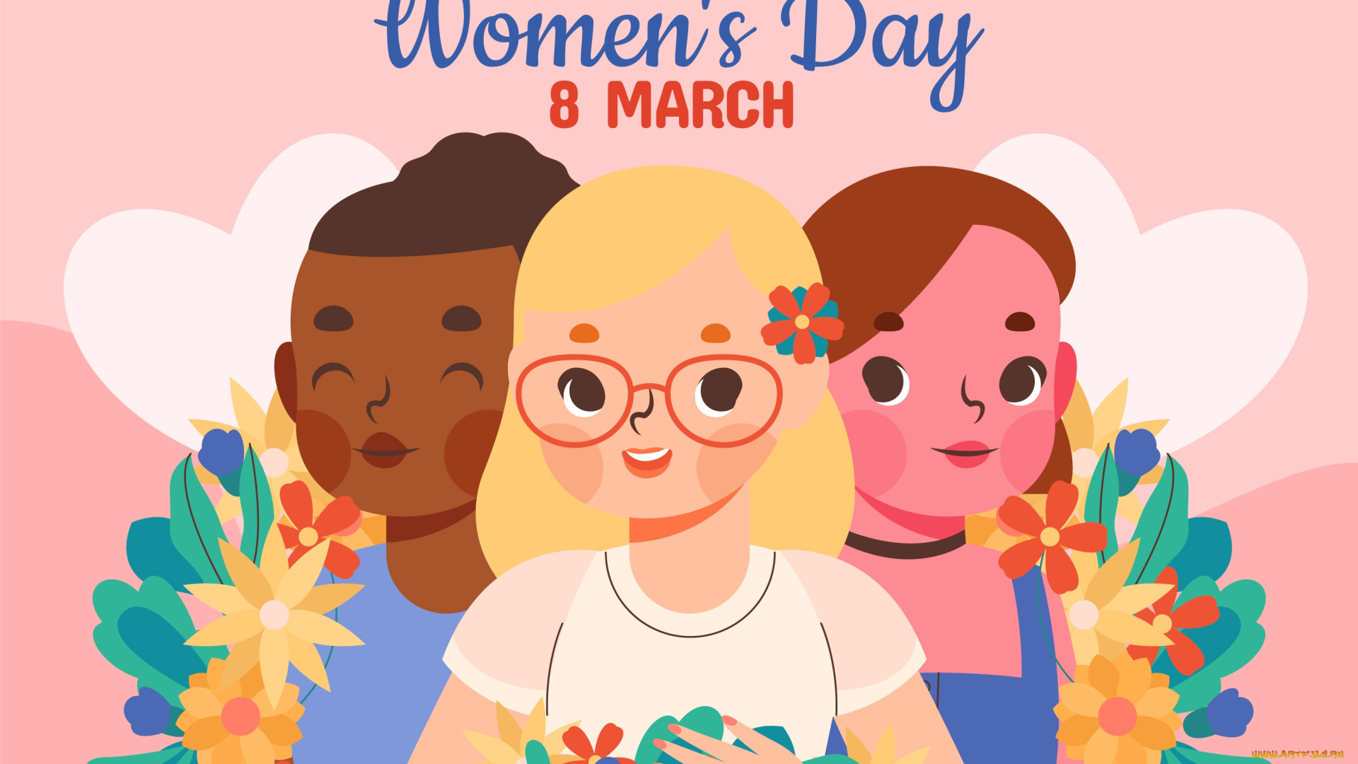 праздничные, международный, женский, день, -, 8, марта, девушки, цветы, праздник, весна, цифра, 8, марта, дата, поздравление, открытка, восьмерка, международный, женский, день, праздничный, фон