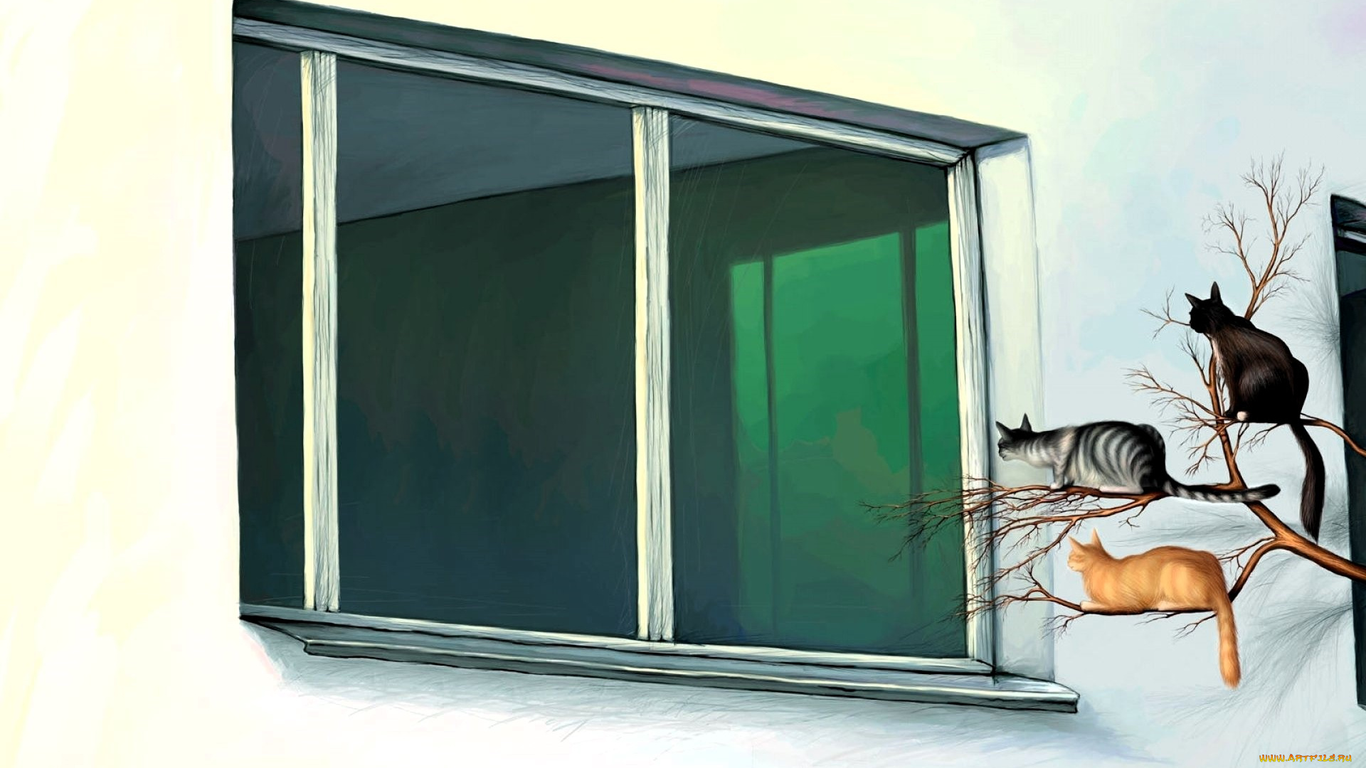 рисованное, животные, , коты, дом, окно, дерево, ветка, коты
