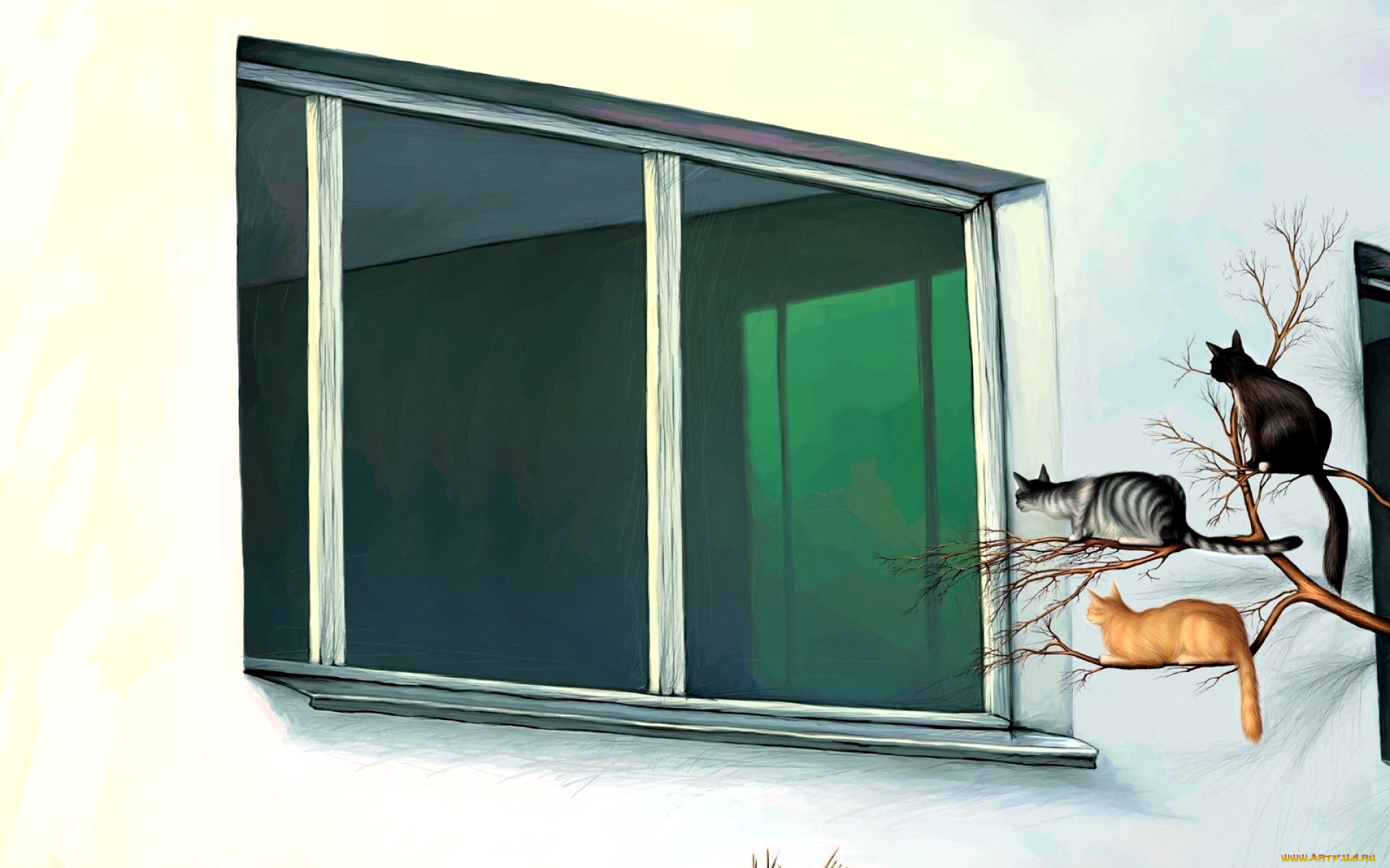 рисованное, животные, , коты, дом, окно, дерево, ветка, коты