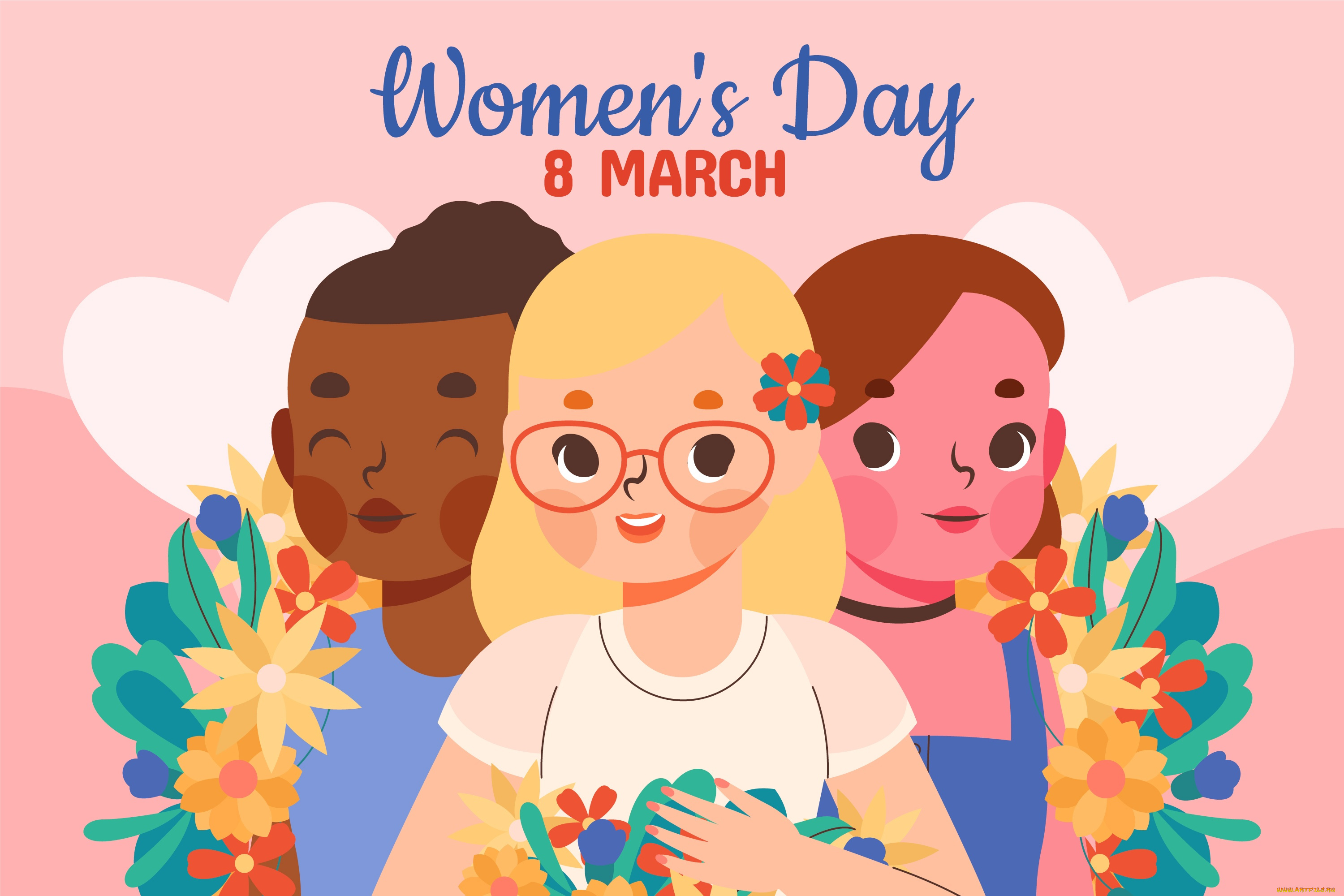 праздничные, международный, женский, день, -, 8, марта, девушки, цветы, праздник, весна, цифра, 8, марта, дата, поздравление, открытка, восьмерка, международный, женский, день, праздничный, фон