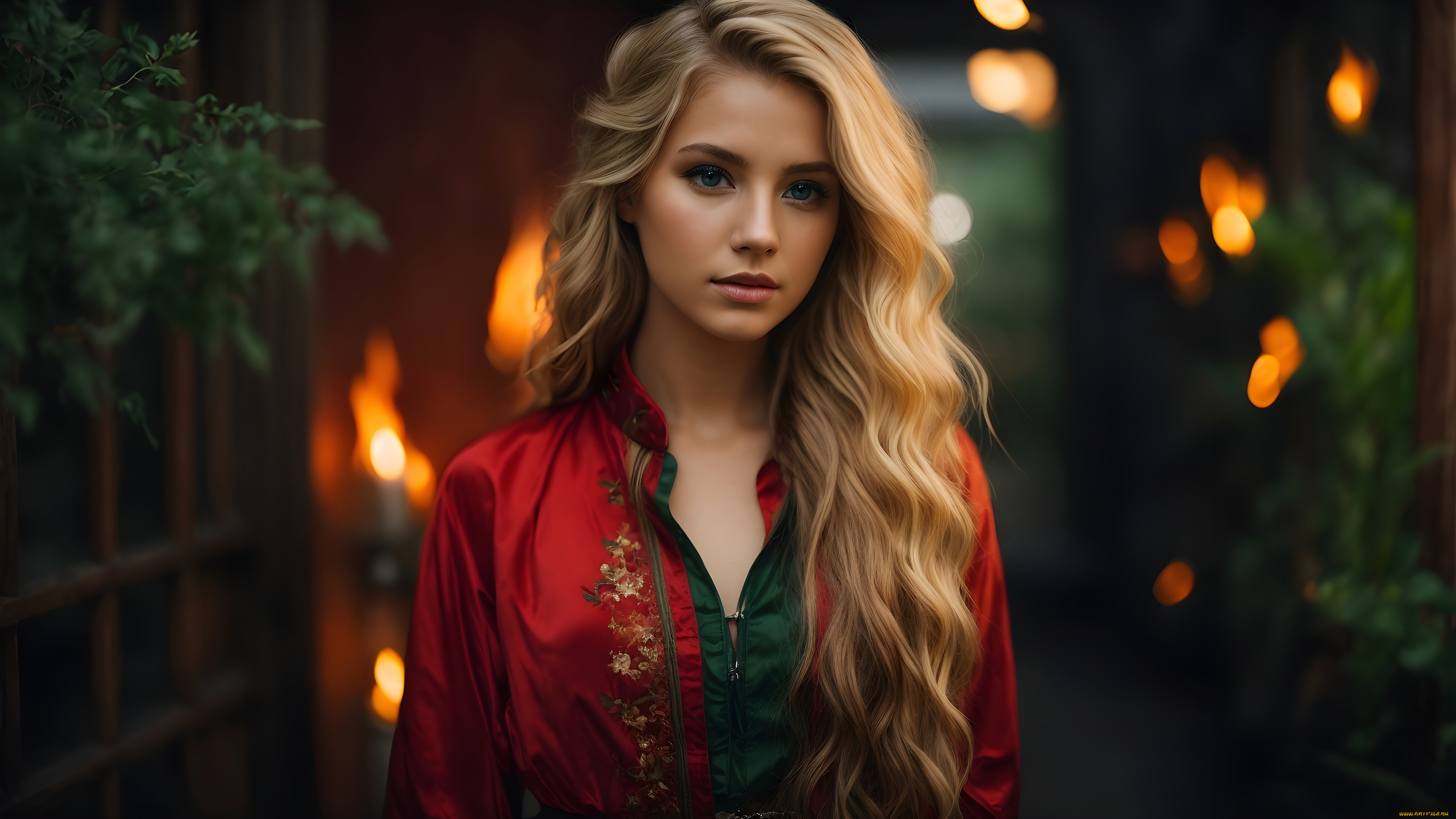 разное, компьютерный, дизайн, взгляд, девушка, портрет, блондинка, в, красном, ии-арт, нейросеть